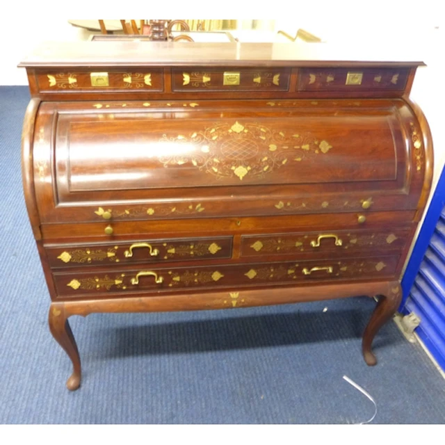 Modern brass inlaid cylinder bureau fitted interior over dra...