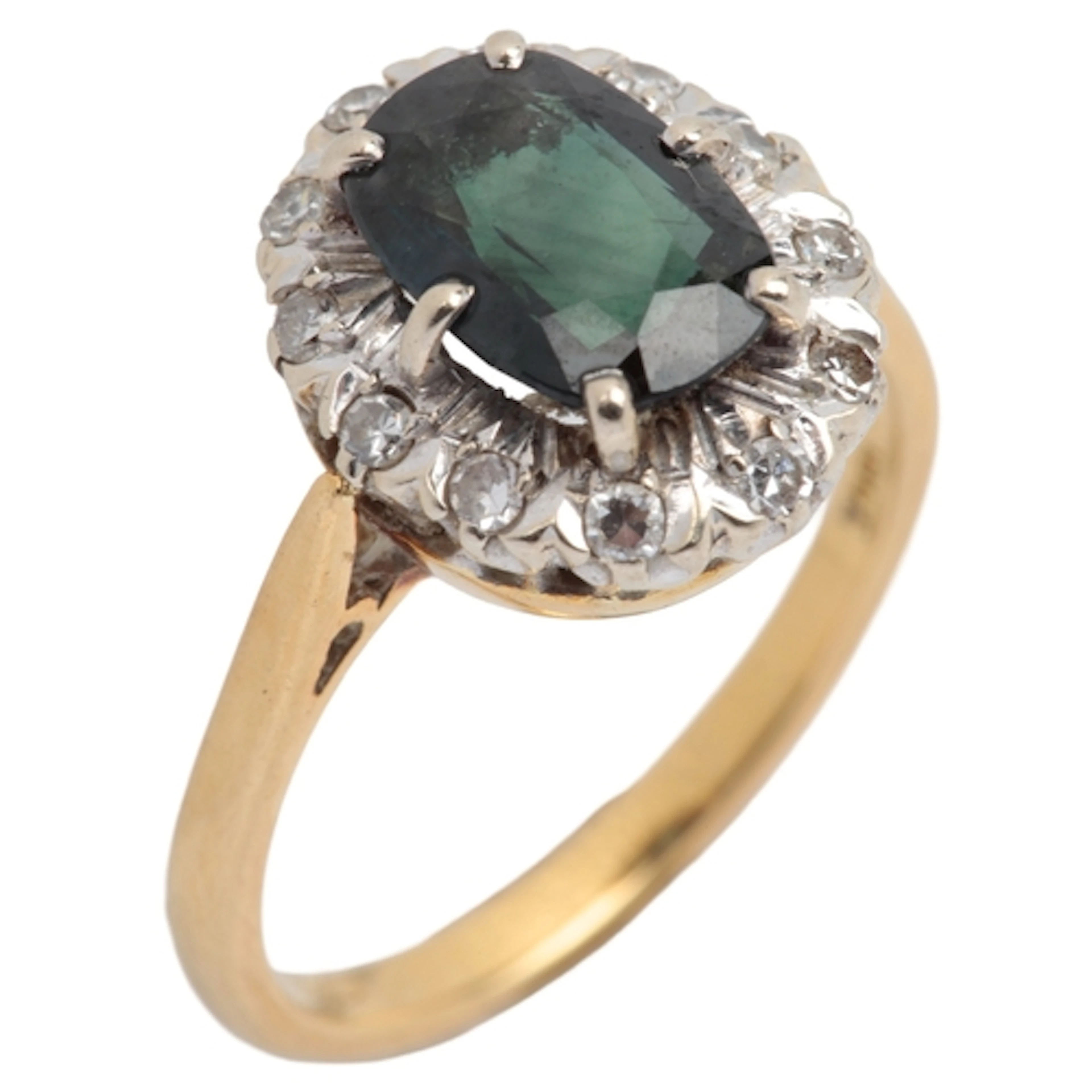 An 18ct, sapphire and diamo9nd set oval cluster ring, size O...