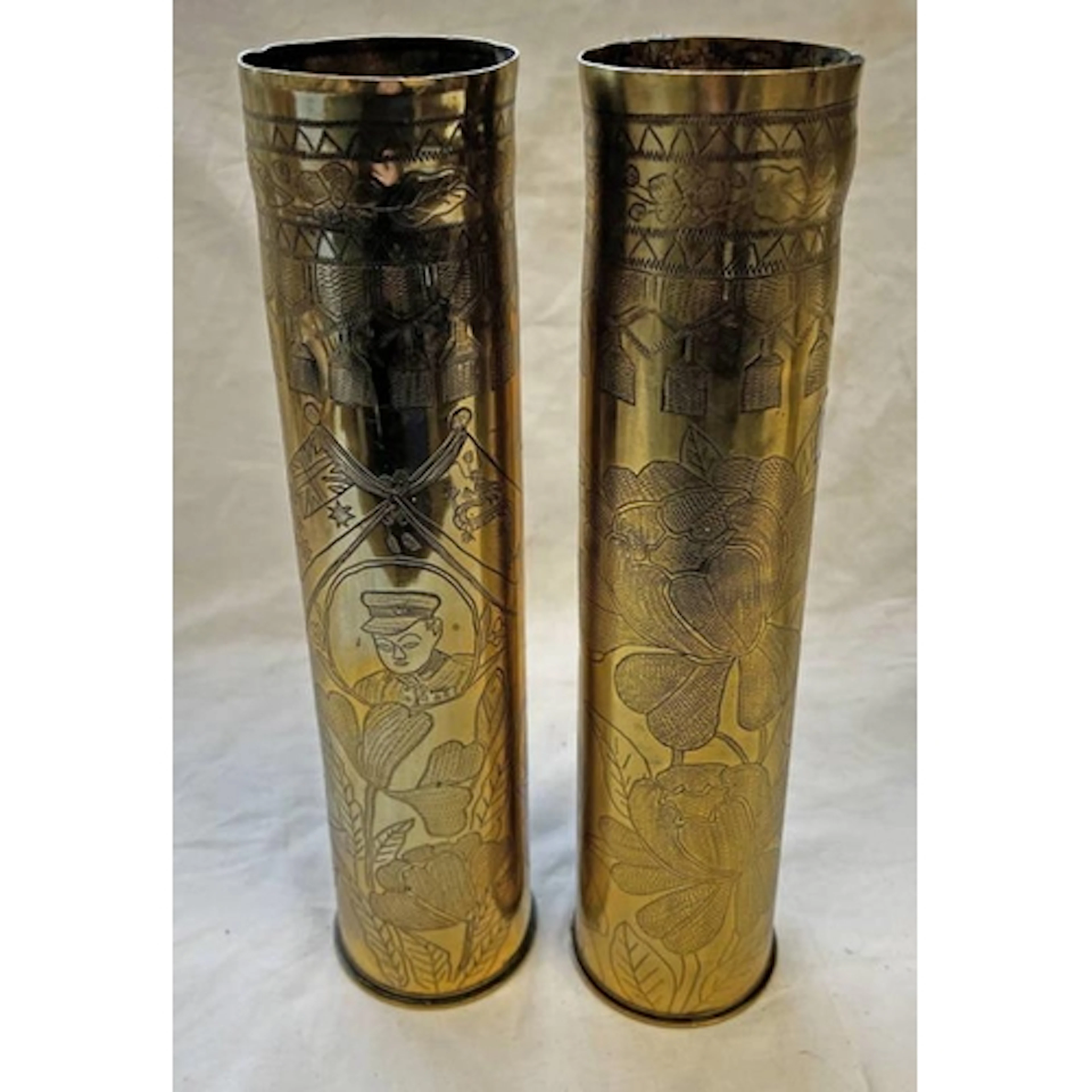 PAIR OF WW1 TRENCH ART ARTILLERY SHELLS, BOTH HEAVILY DECORA...