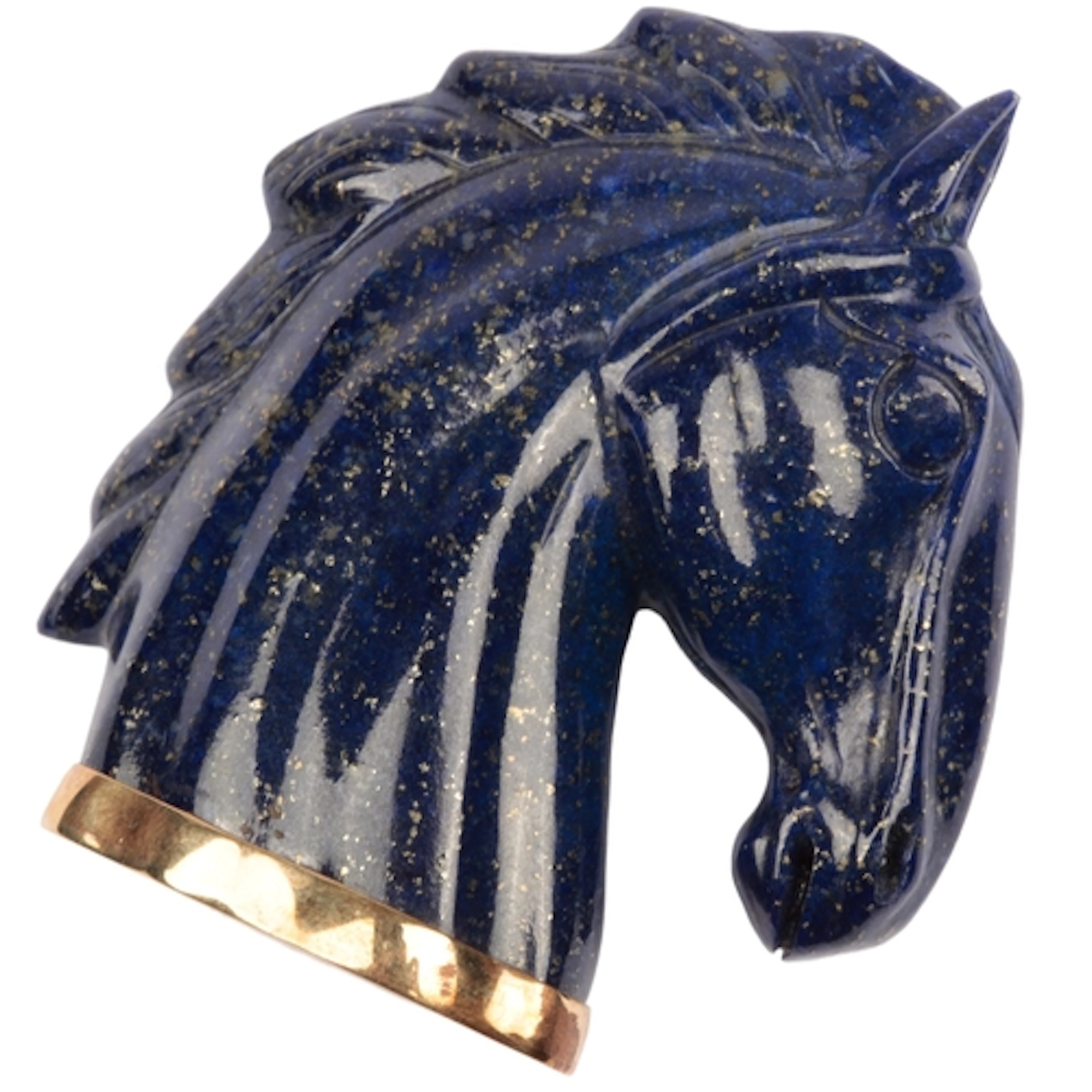 A lapis lazuli ornament, carved as a horse's head, with a ba...