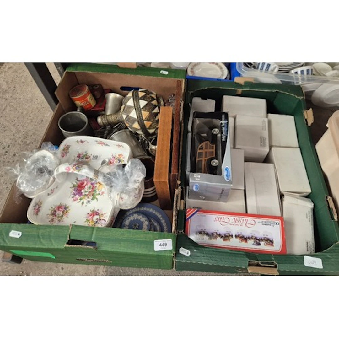 Two boxes of collectables including pewter mugs, clock, wedg...