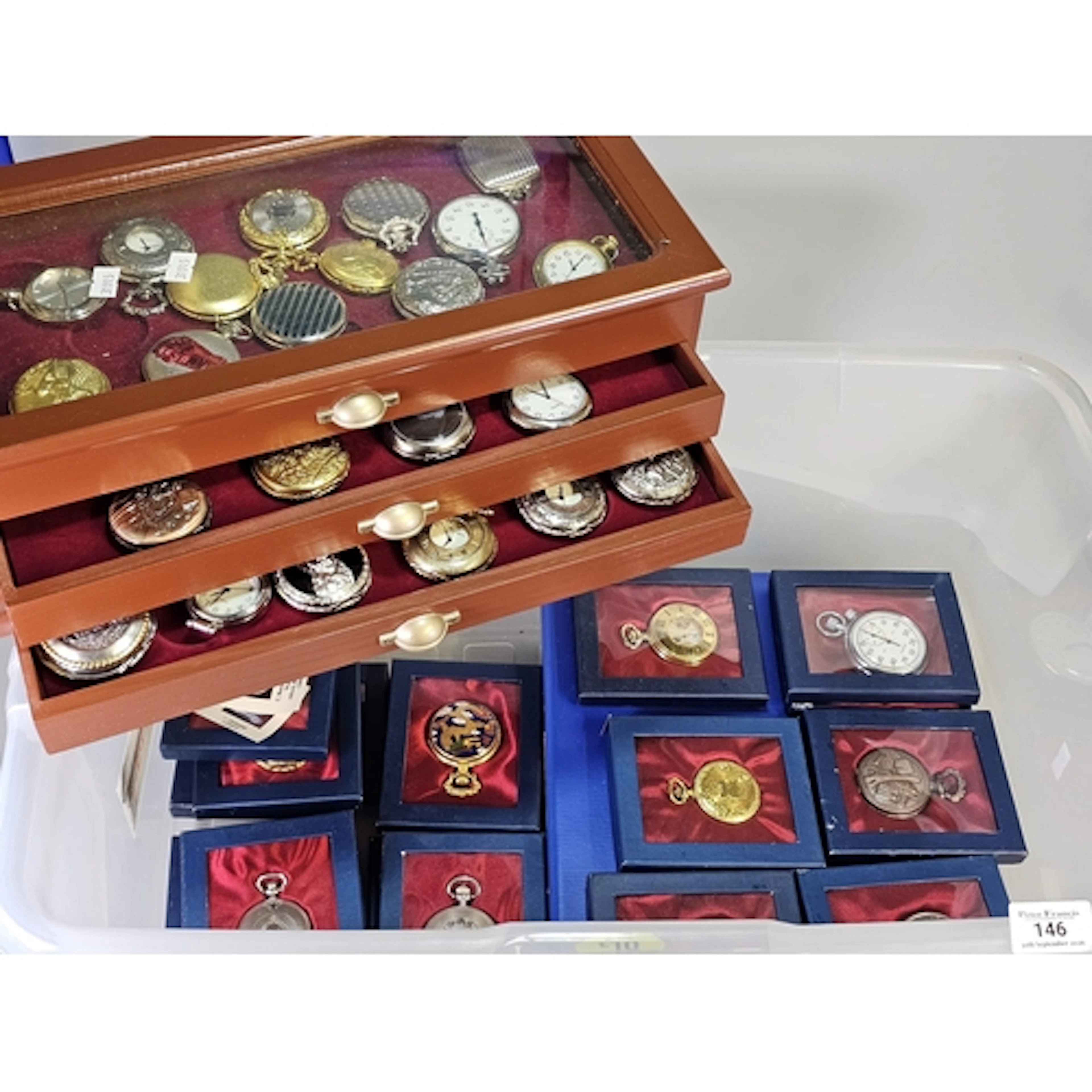 Large collection of modern pocket watches. Varying designs, ...