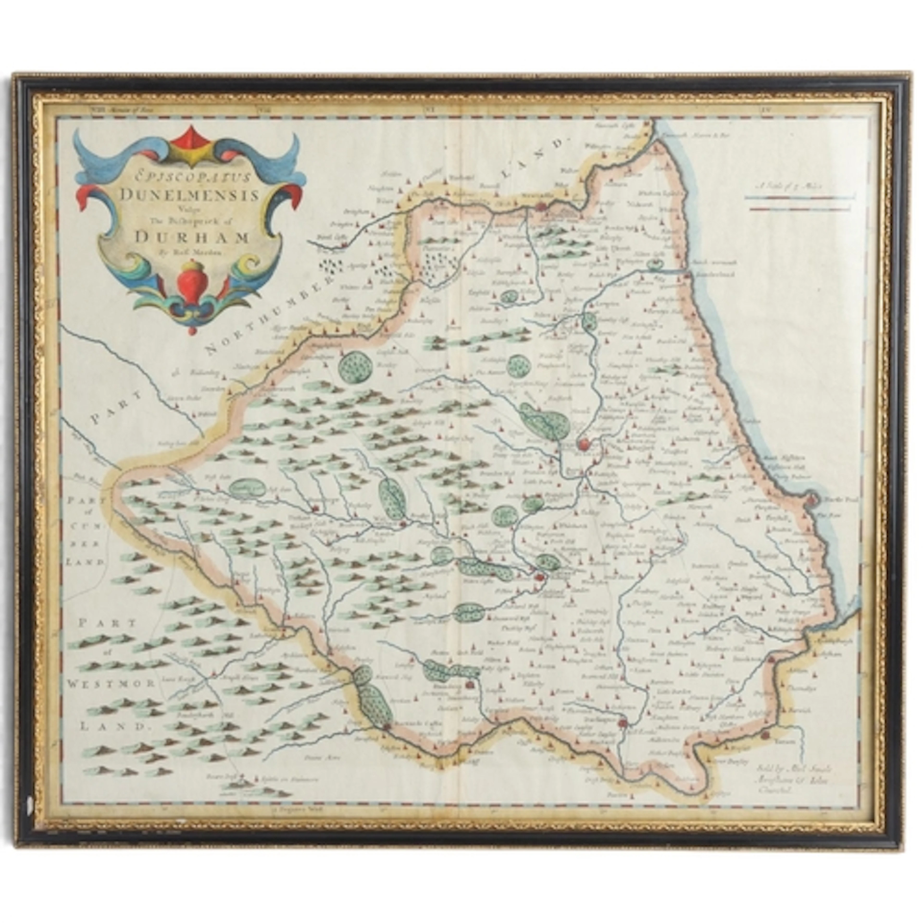 A 17th Century hand coloured map of Durham by Robert Morden,...