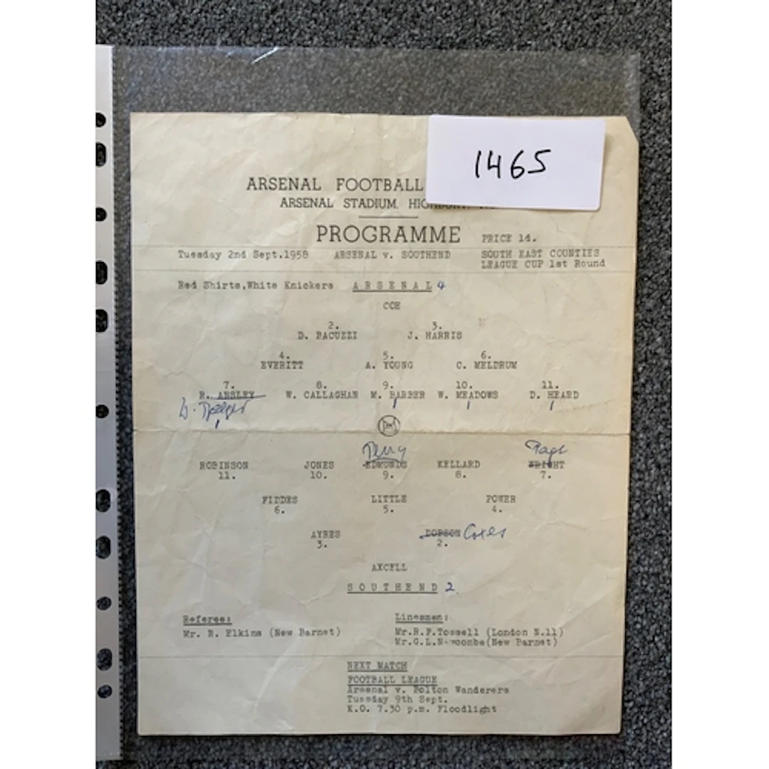58/59 Arsenal v Southend United SECL Cup Football Programme:...