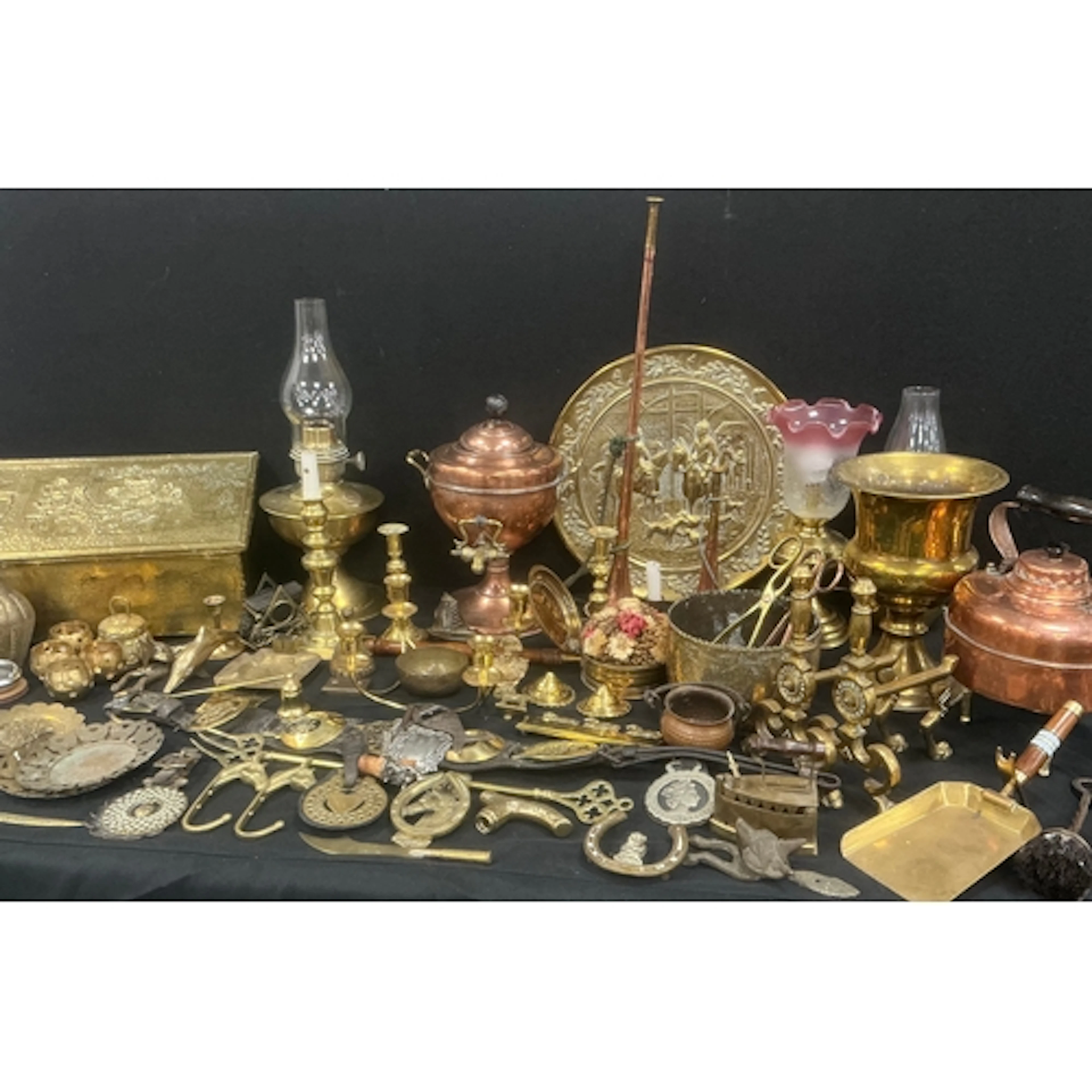 Brass ware to include, copper samovar with brass handles and...