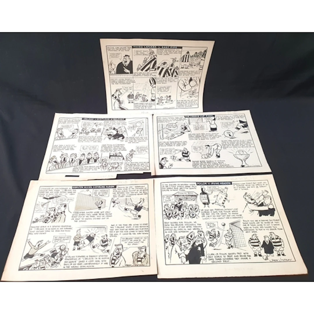 JACK LINDSAY - FIVE PEN AND INK ORIGINAL FOOTBALL INTEREST C...