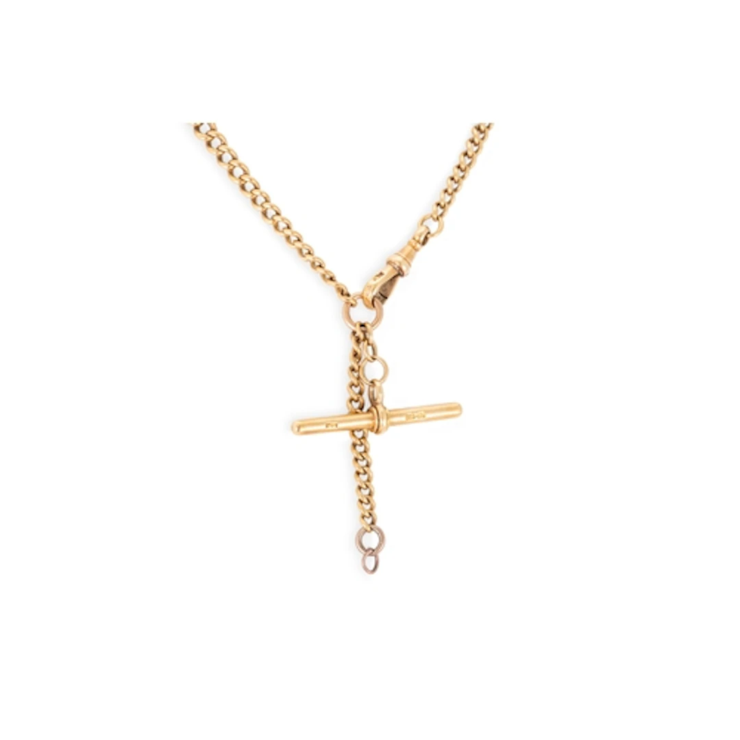 AN 18CT GOLD ANTIQUE ALBERT WATCH CHAIN & T-BAR, each gradua...