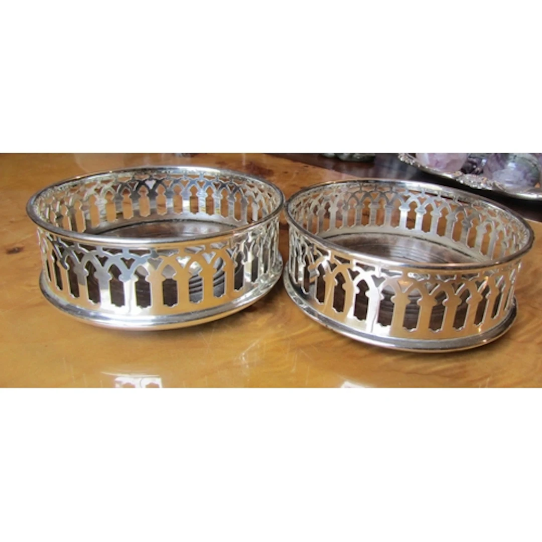Pair of Wine Bottle Table Coasters Filigree Decorated EPNS E...