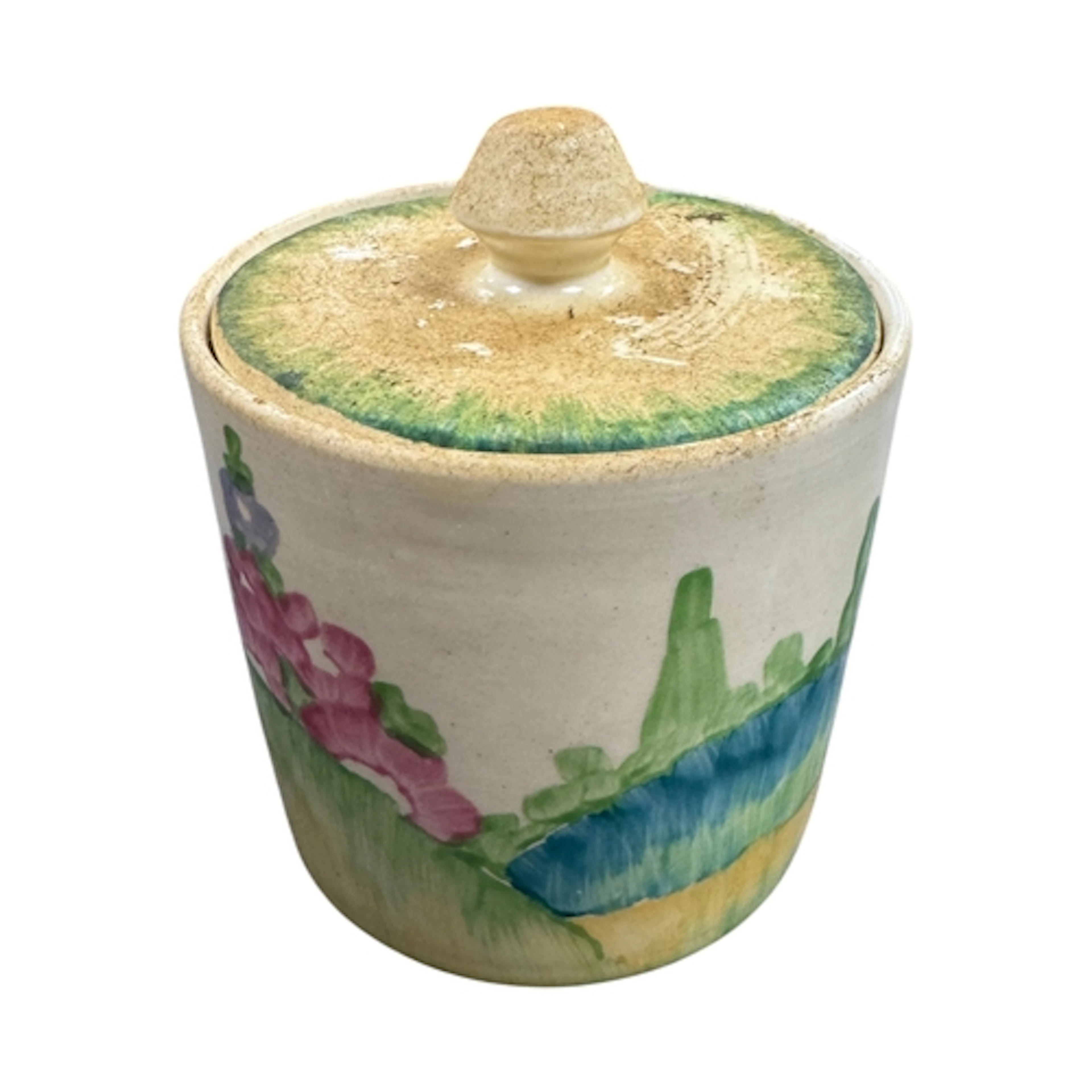 A Clarice Cliff fragrance pattern cylindrical jam pot and co...