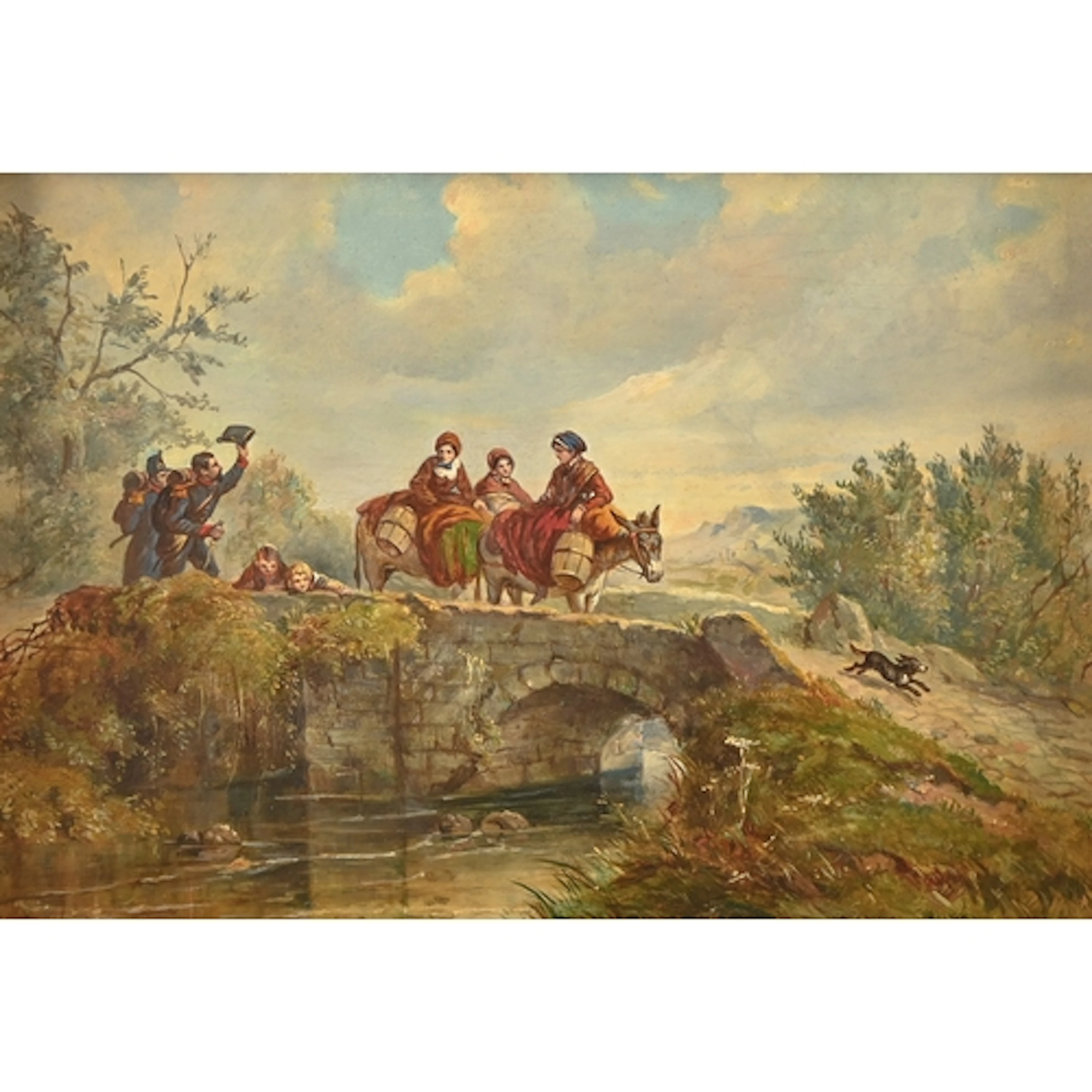19th century School - Three Peasant Women Crossing a Bridge,...
