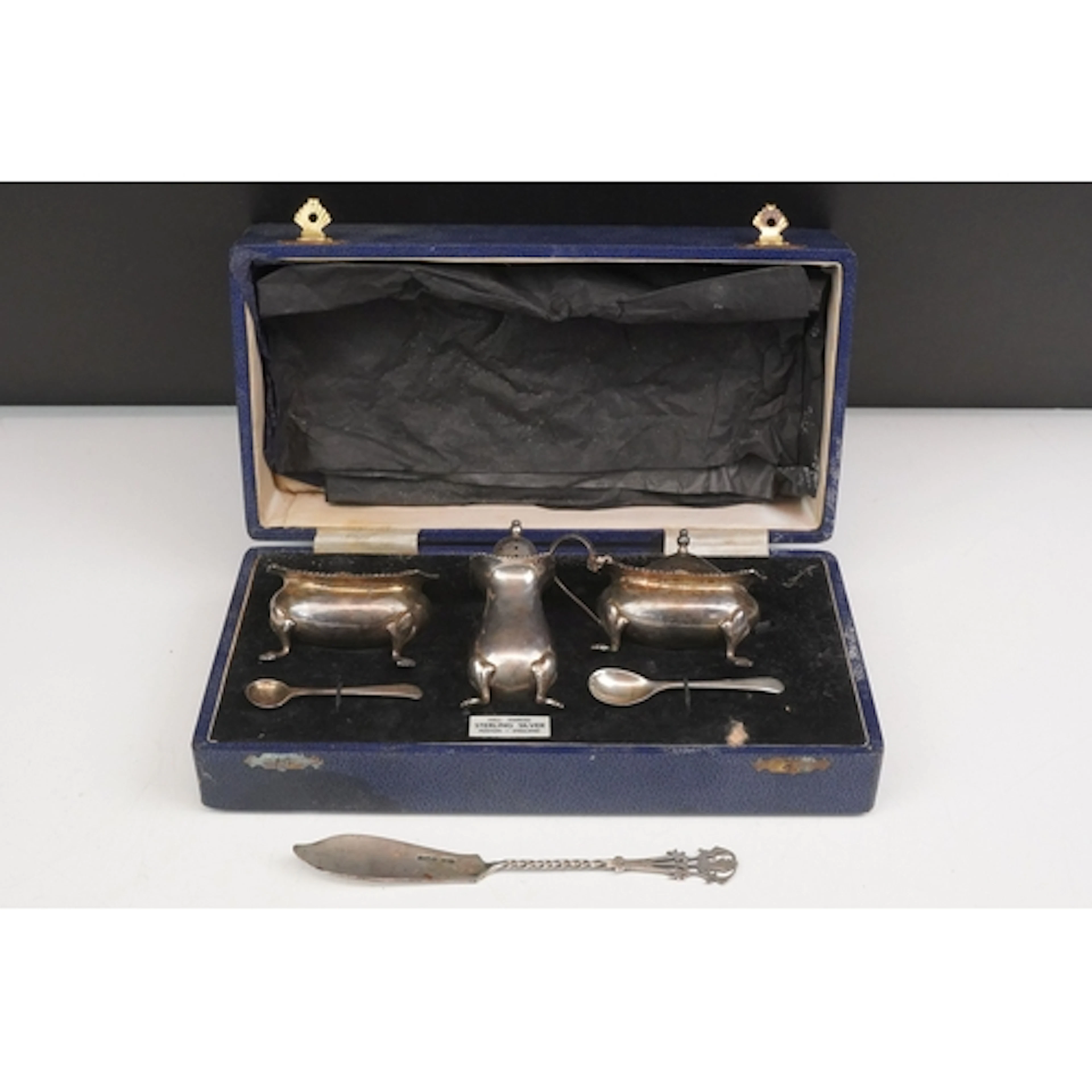 Silver three condiment set, comprising: pepperette, mustard ...