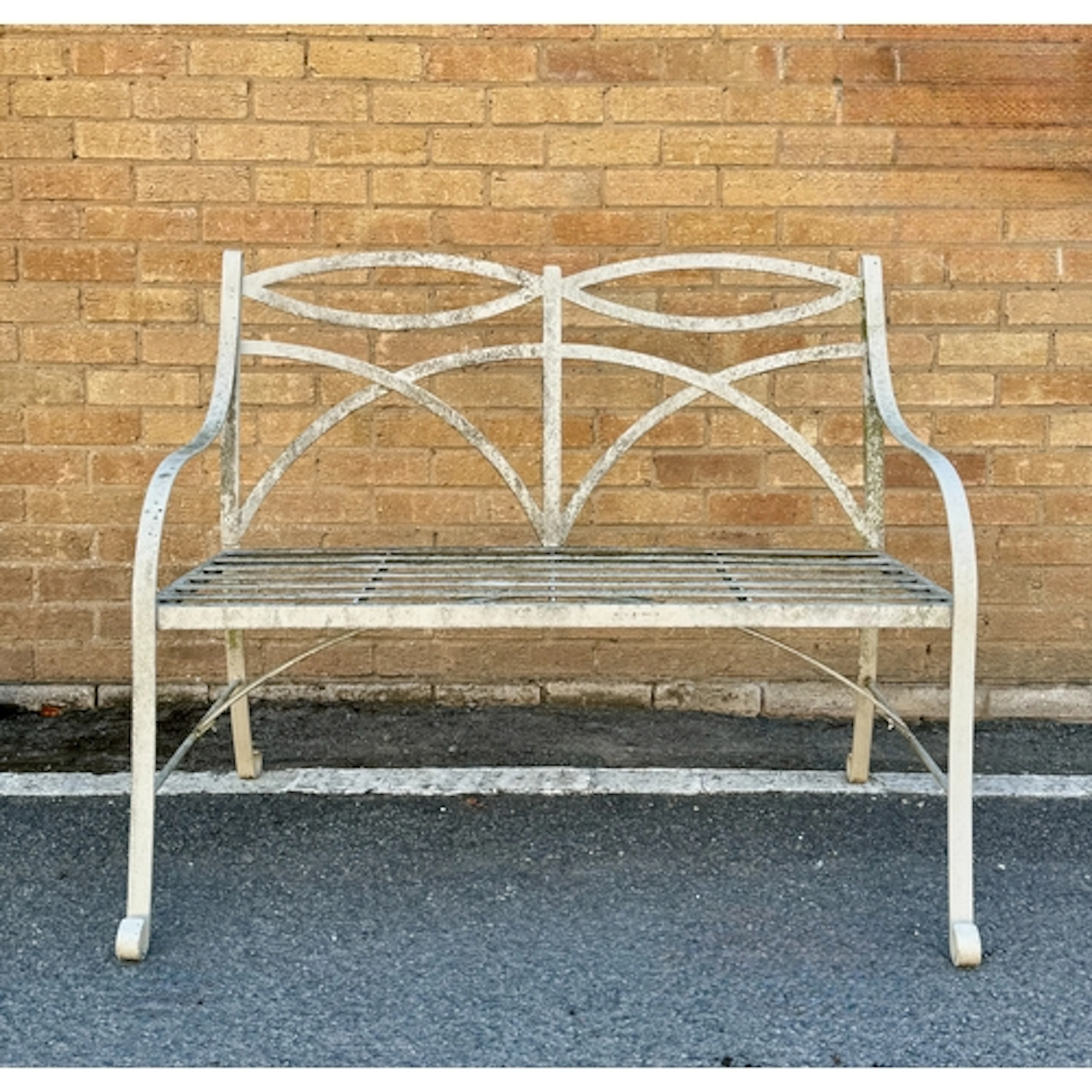 A Neptune wrought metal garden bench - white painted, 109cm ...