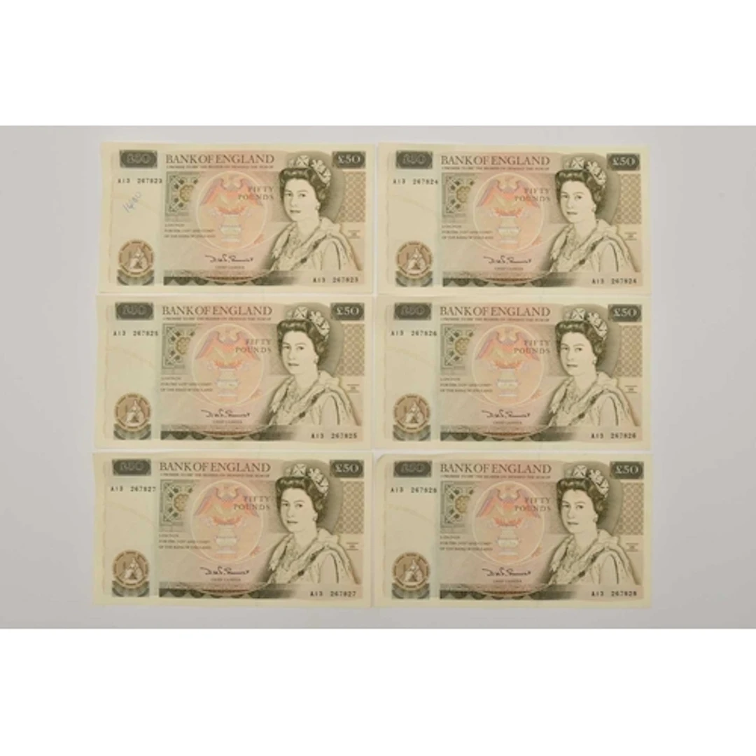 Banknotes. 6 x Fifty Pound Notes Somerset 1981 consecutively...