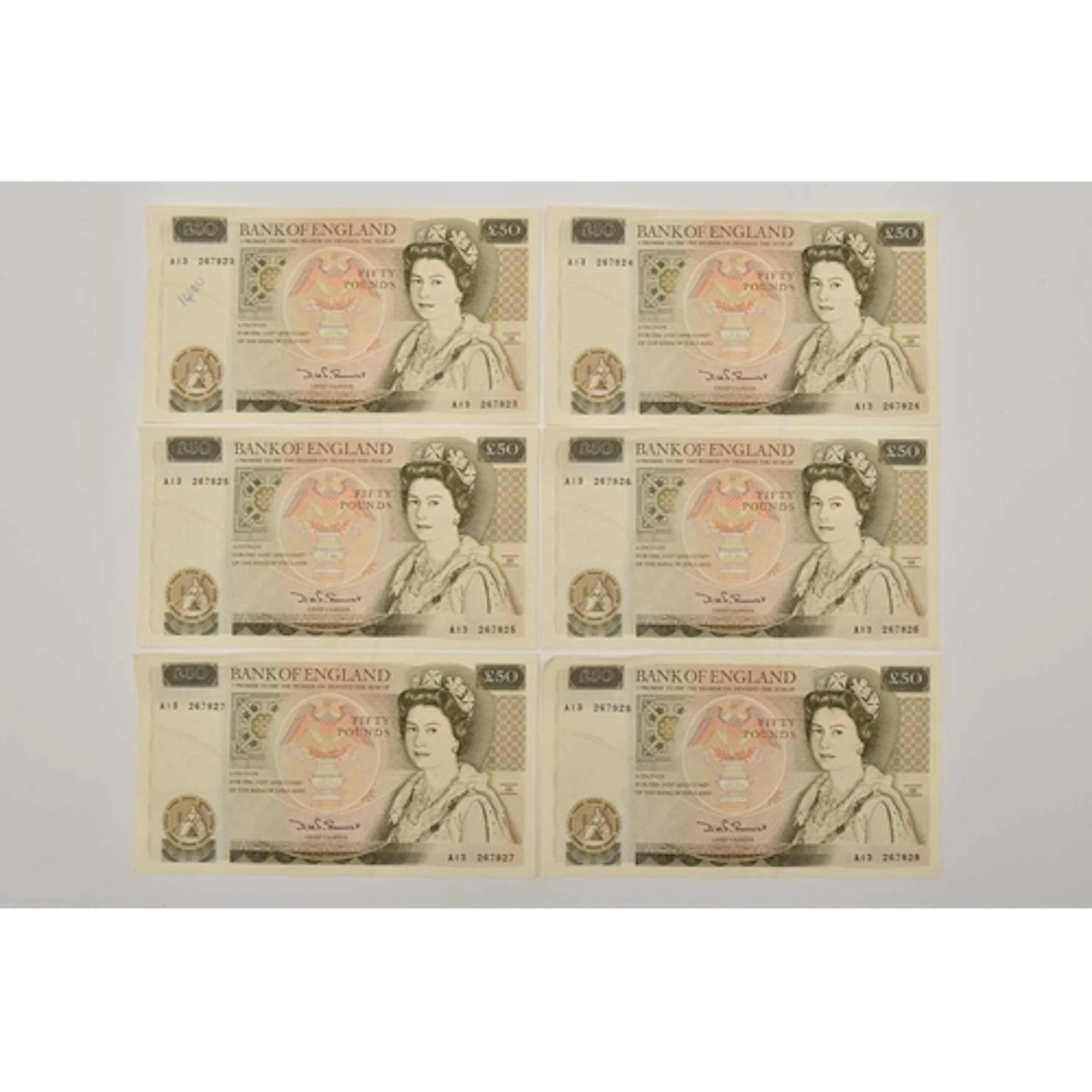 Banknotes. 6 x Fifty Pound Notes Somerset 1981 consecutively...