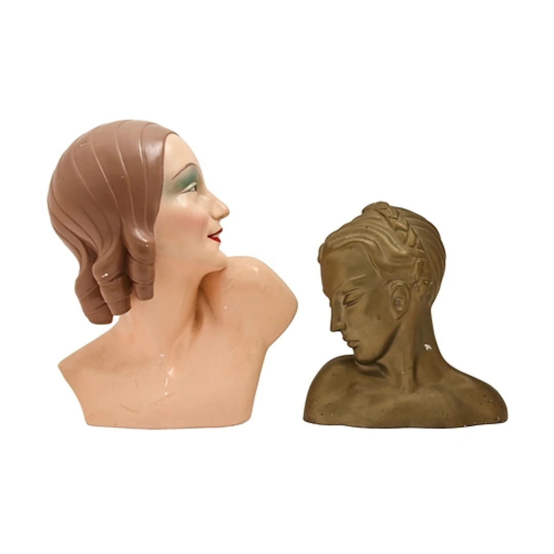 An Art Deco painted composition bust of a lady, 37cm h, 29cm...