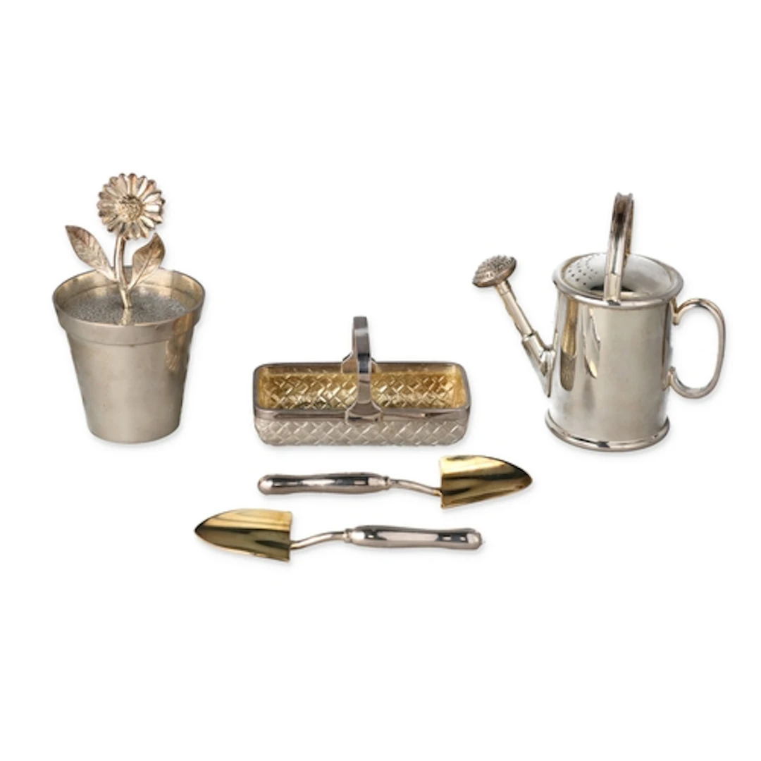 A GARRARD AND CO STERLING SILVER 'GARDENING' CONDIMENT SET I...