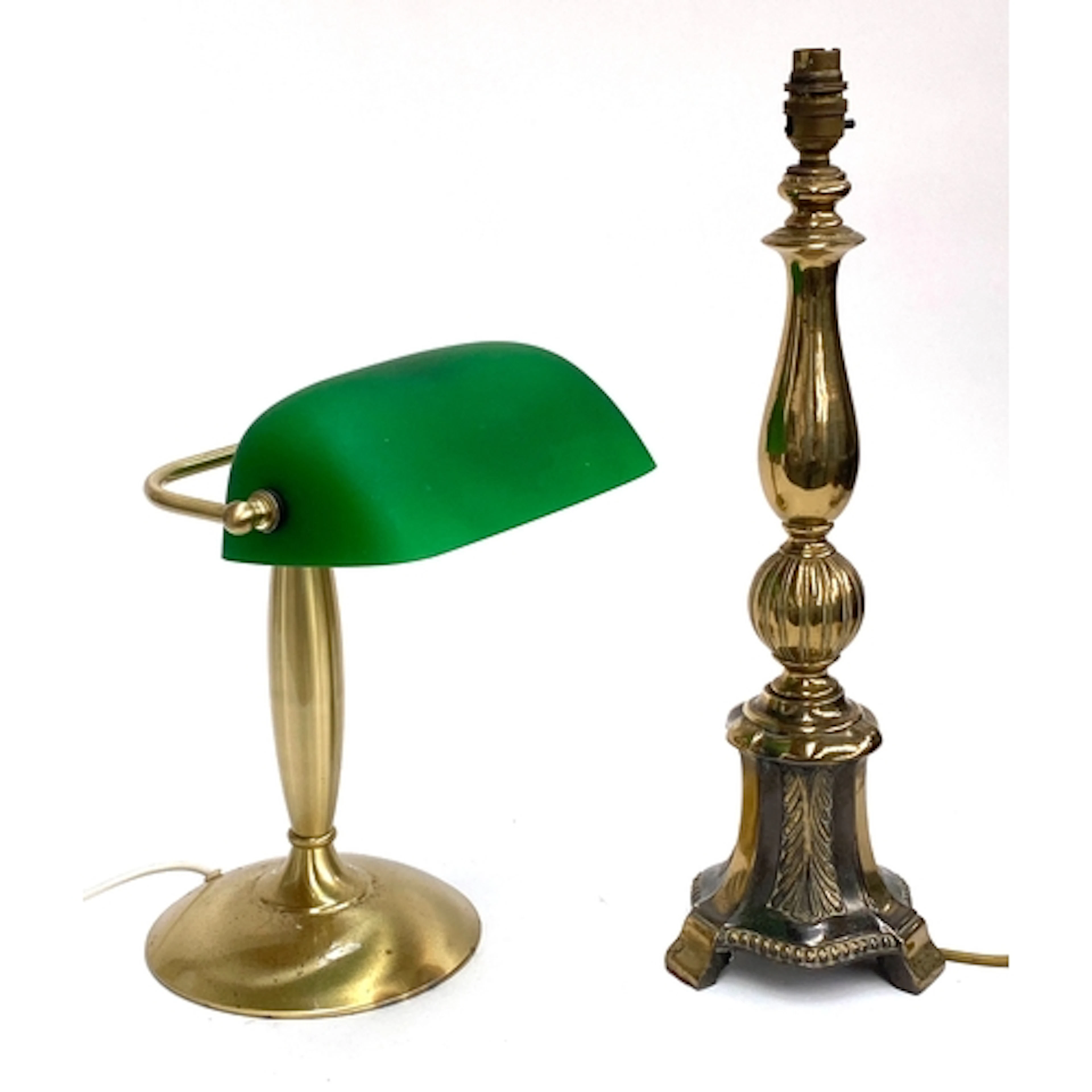 A modern gilt metal bankers lamp with frosted green glass sh...