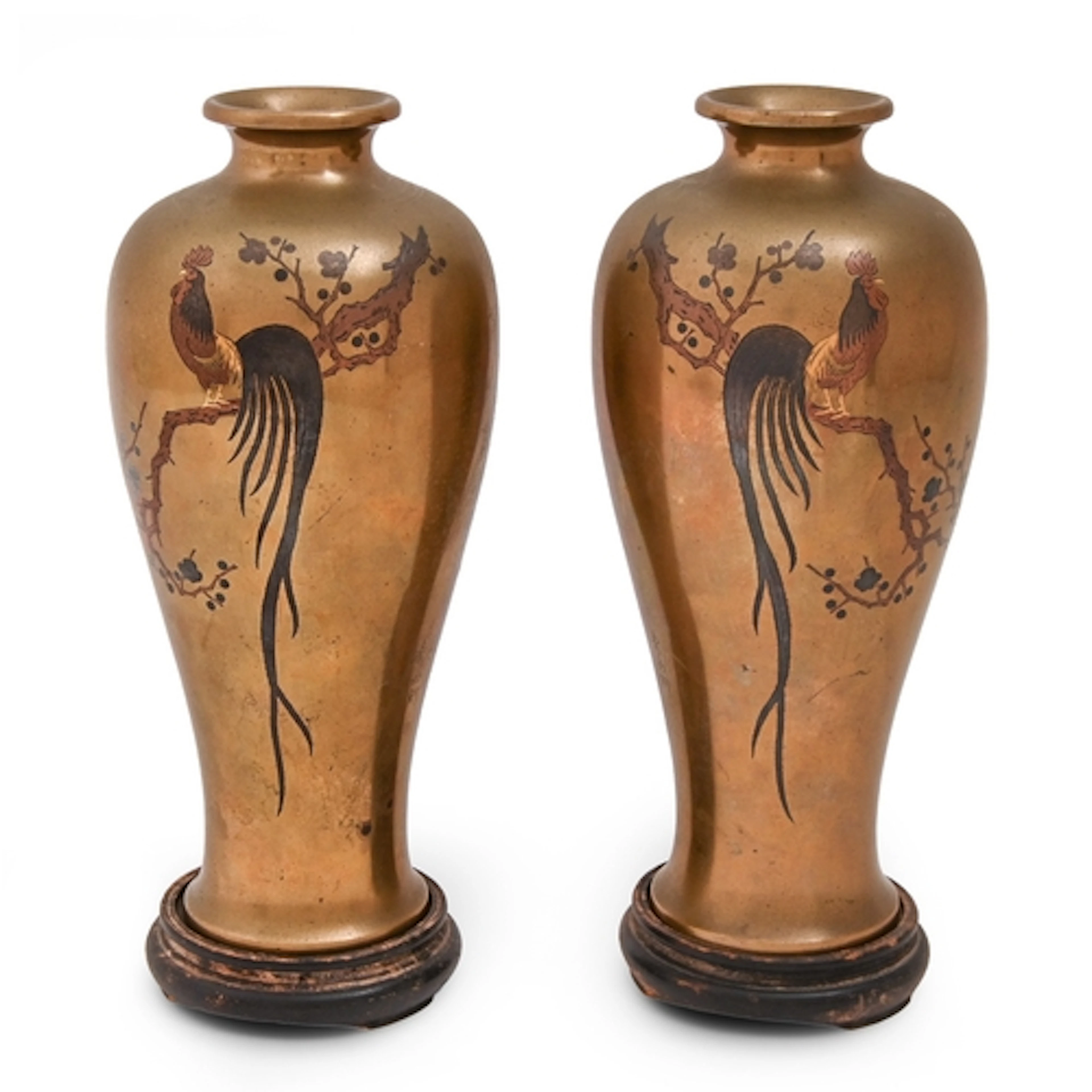 A pair of Japanese inlaid bronze oviform vases, Meiji period...
