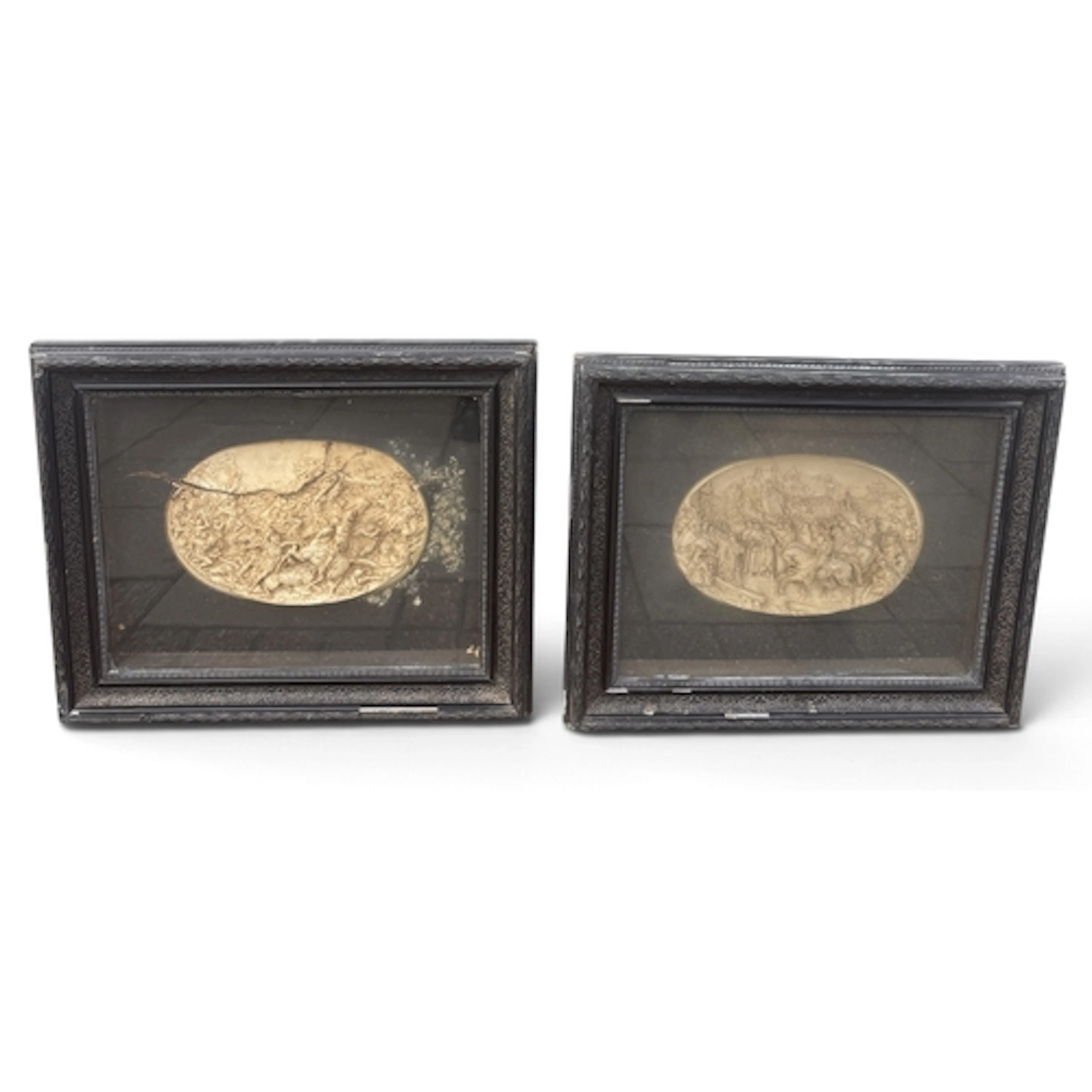JUSTIN MATHIEU: A PAIR OF BAS RELIEF PLAQUES 32cm x 22cm One...