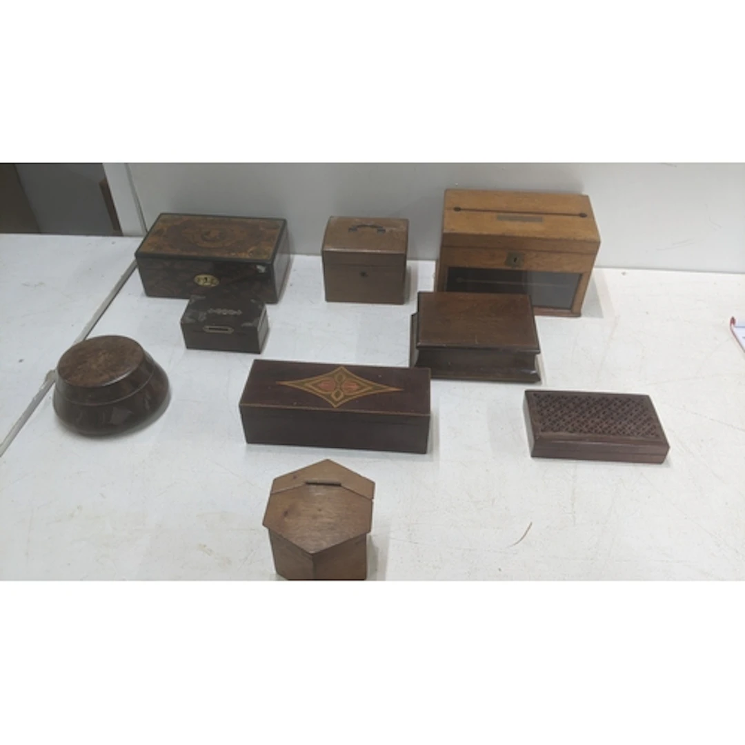 Vintage storage boxes to include a light oak glass fronted l...