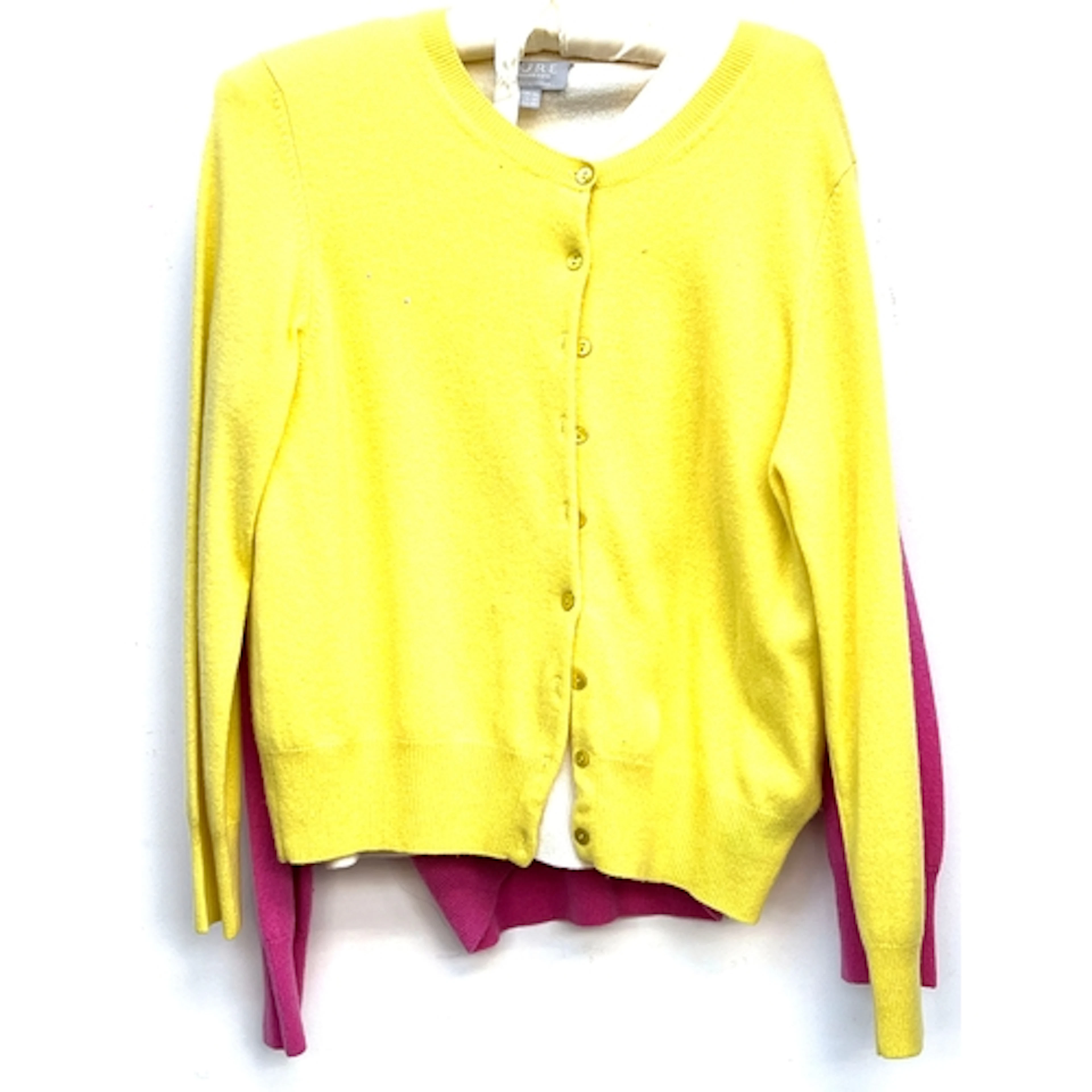 Three cashmere cardigans in cream, pink and yellow, size 16