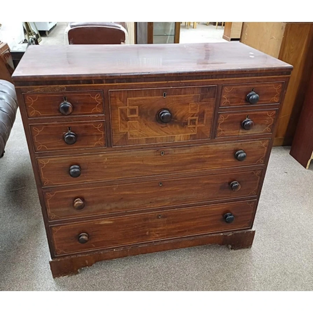 19TH CENTURY INLAID MAHOGANY CHEST OF DRAWERS, THE CENTRALLY...