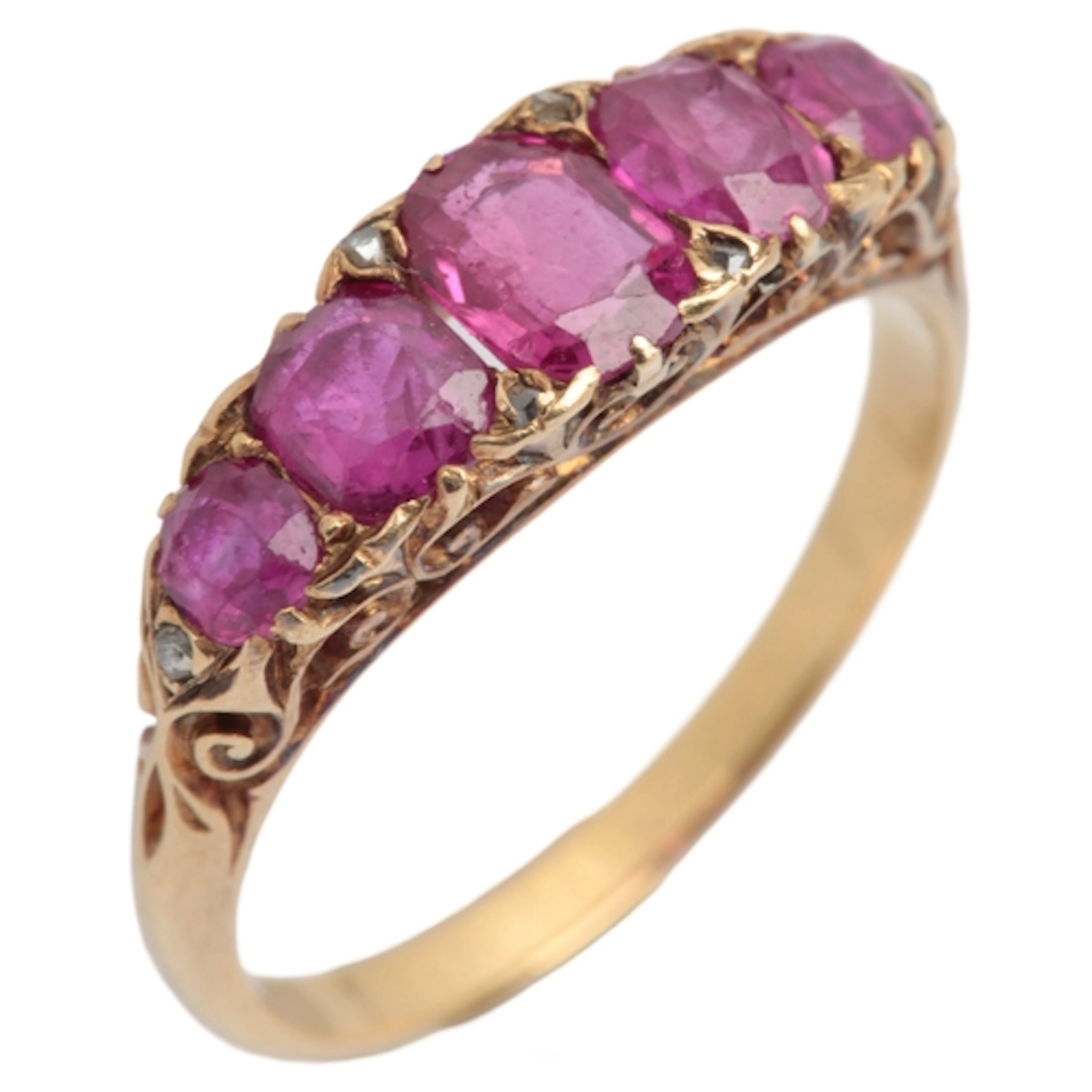 A Victorian ruby and diamond five-stone ring, late 19th cent...