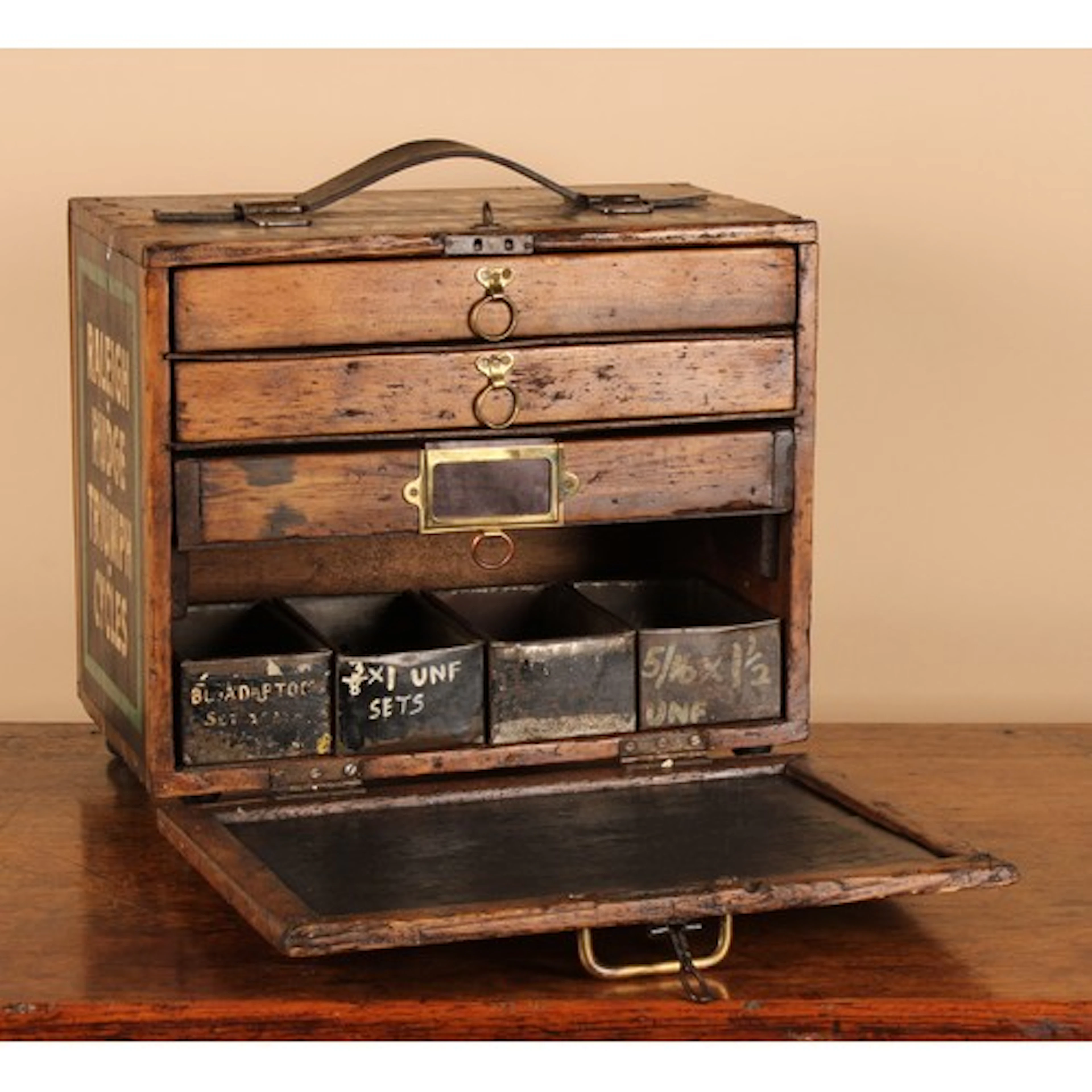 A pine tool chest, fall front door inscribed FRANCIS & BARNE...