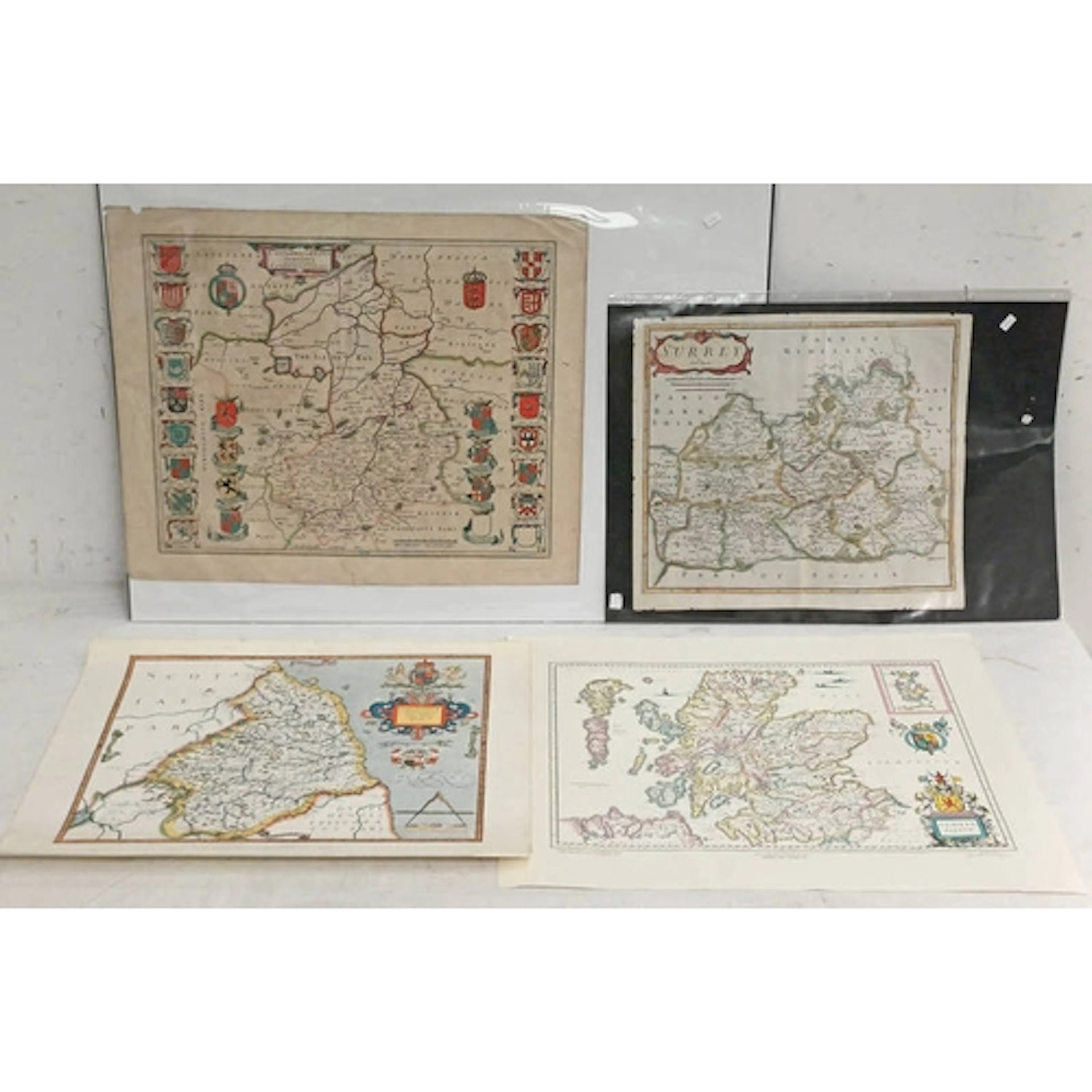 4 UNFRAMED MAPS TO INCLUDE: MAP OF SURREY BY ROBERT MORDEN, ...