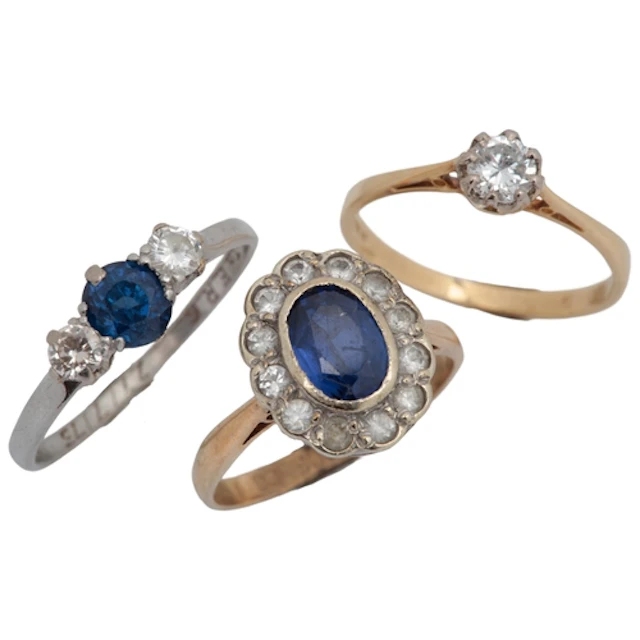 Three gem-set rings, comprising: sapphire and diamond ring, ...