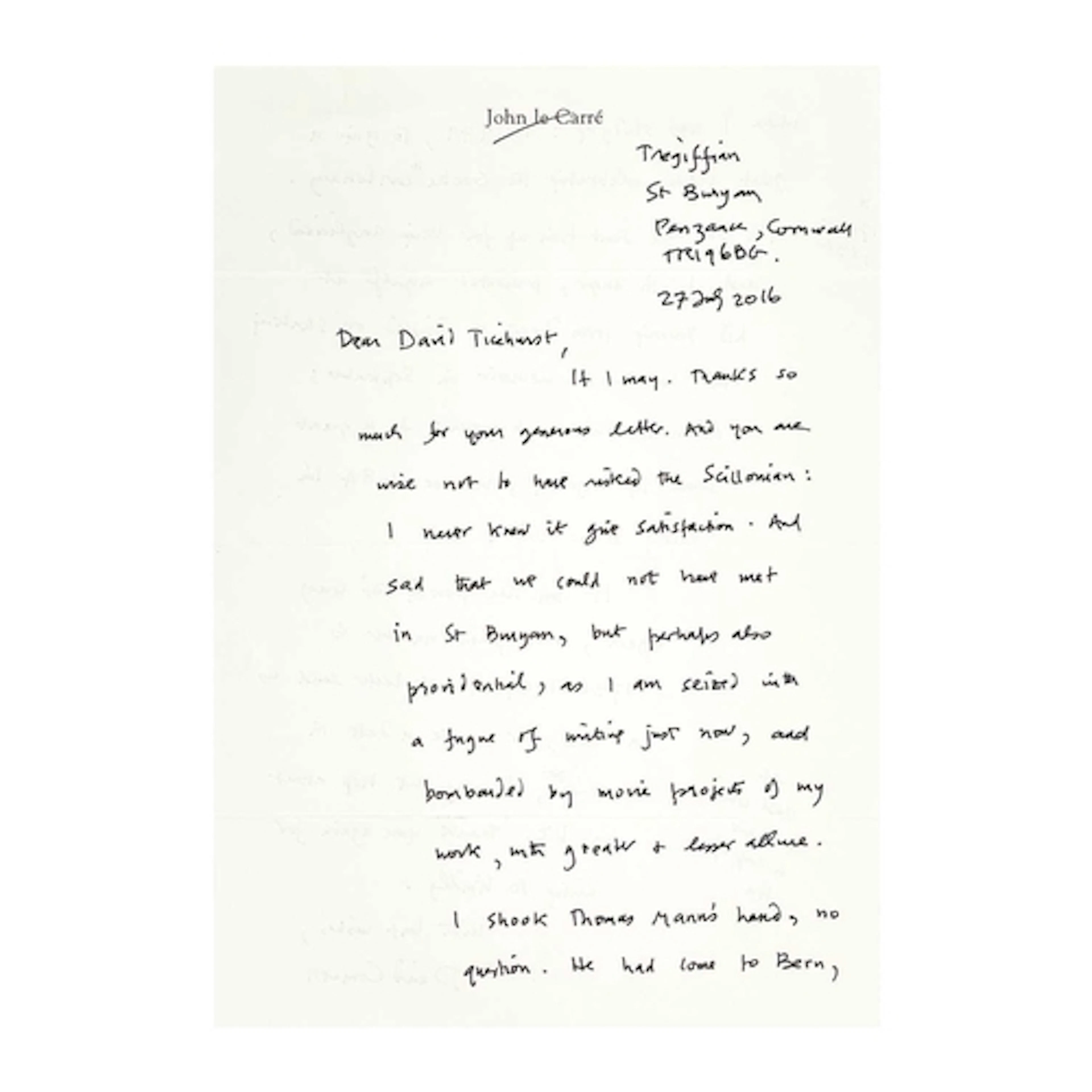 John Le Carré A.L.S. Remarks on meeting Thomas Mann, the Isl...