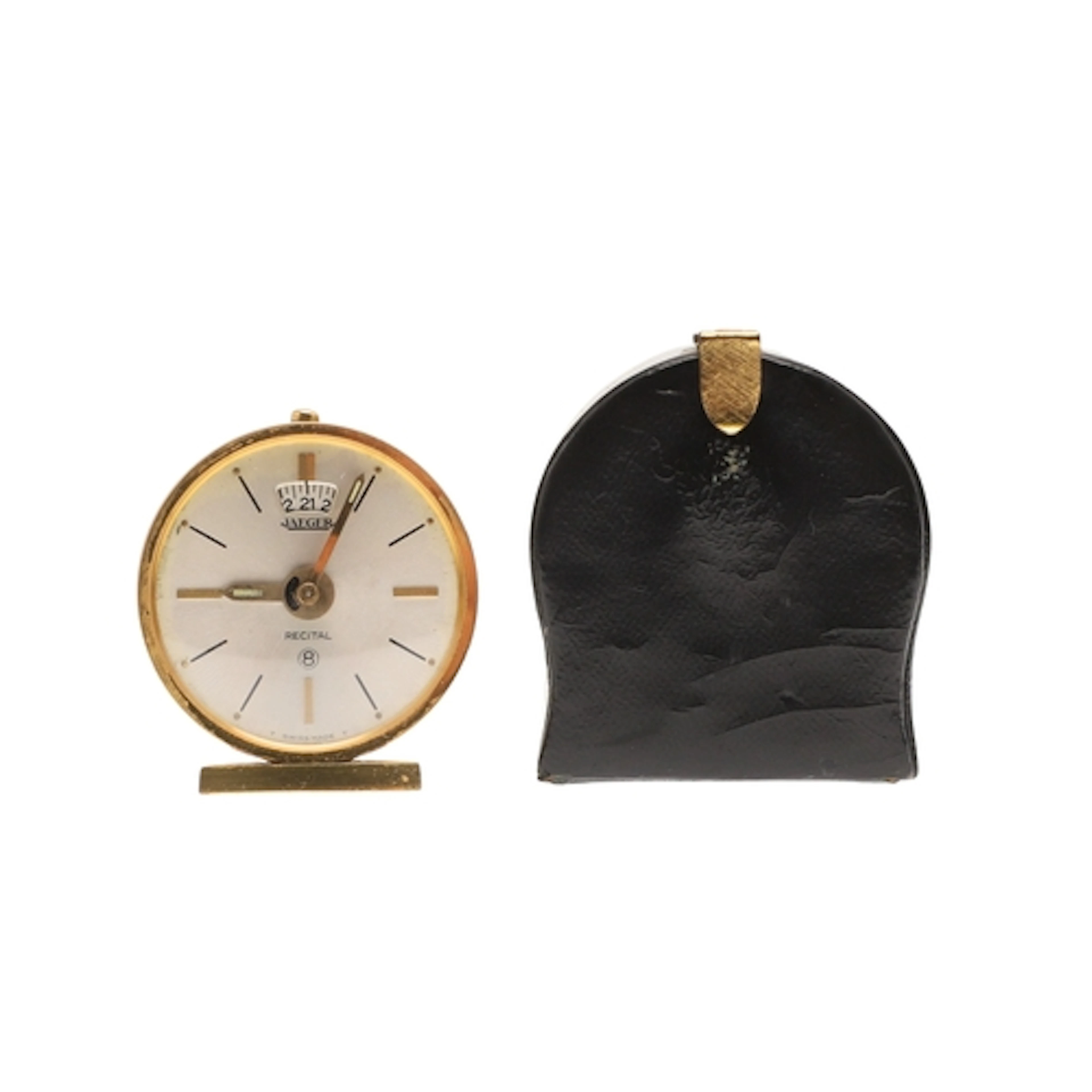 A 1960S JAEGAR 'RECITAL' GILT METAL 8 DAY TRAVELLING CLOCK. ...