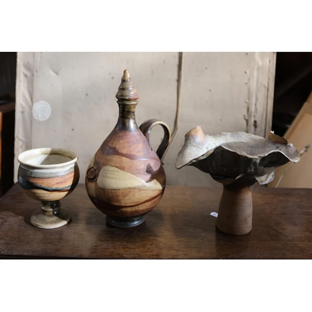 Inniemoore pottery goblet, ornate dish and jug with stopper