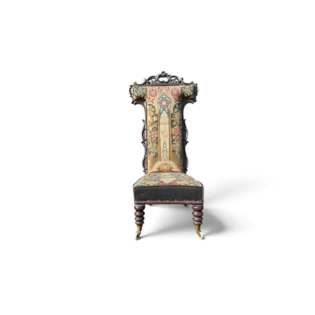 A VICTORIAN EMBROIDERED PRIE-DIEU PRAYER CHAIR Walnut with c...