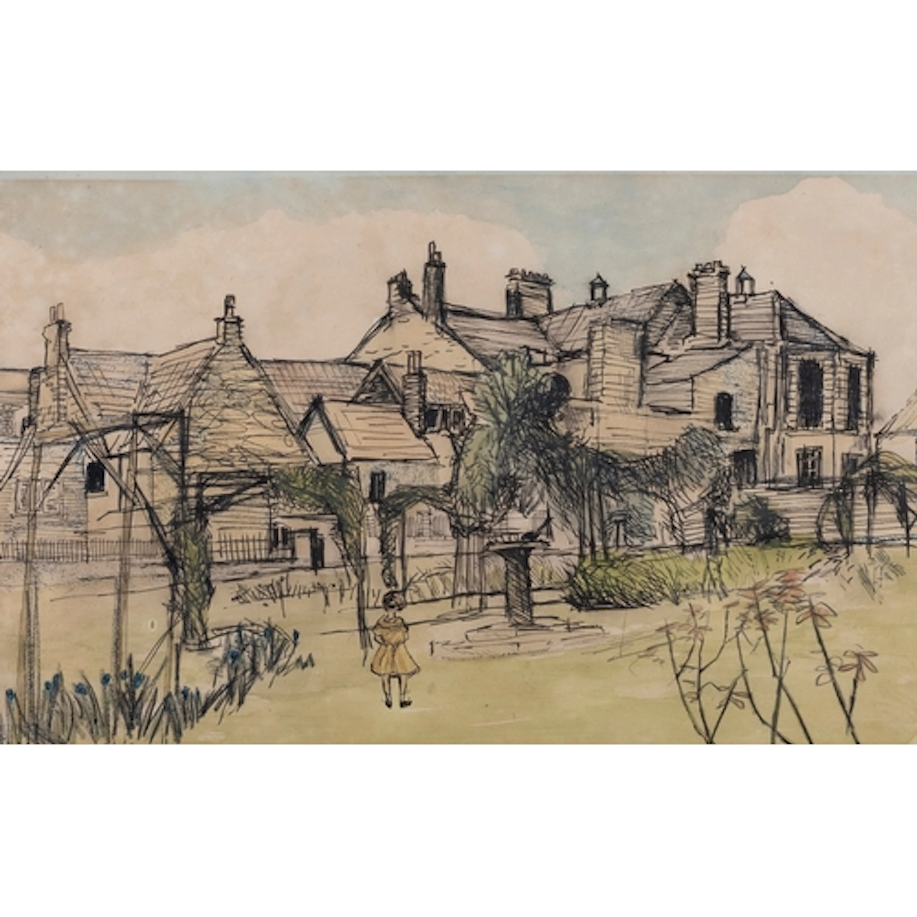 20th Century school - Study of a figure in gardens before a ...