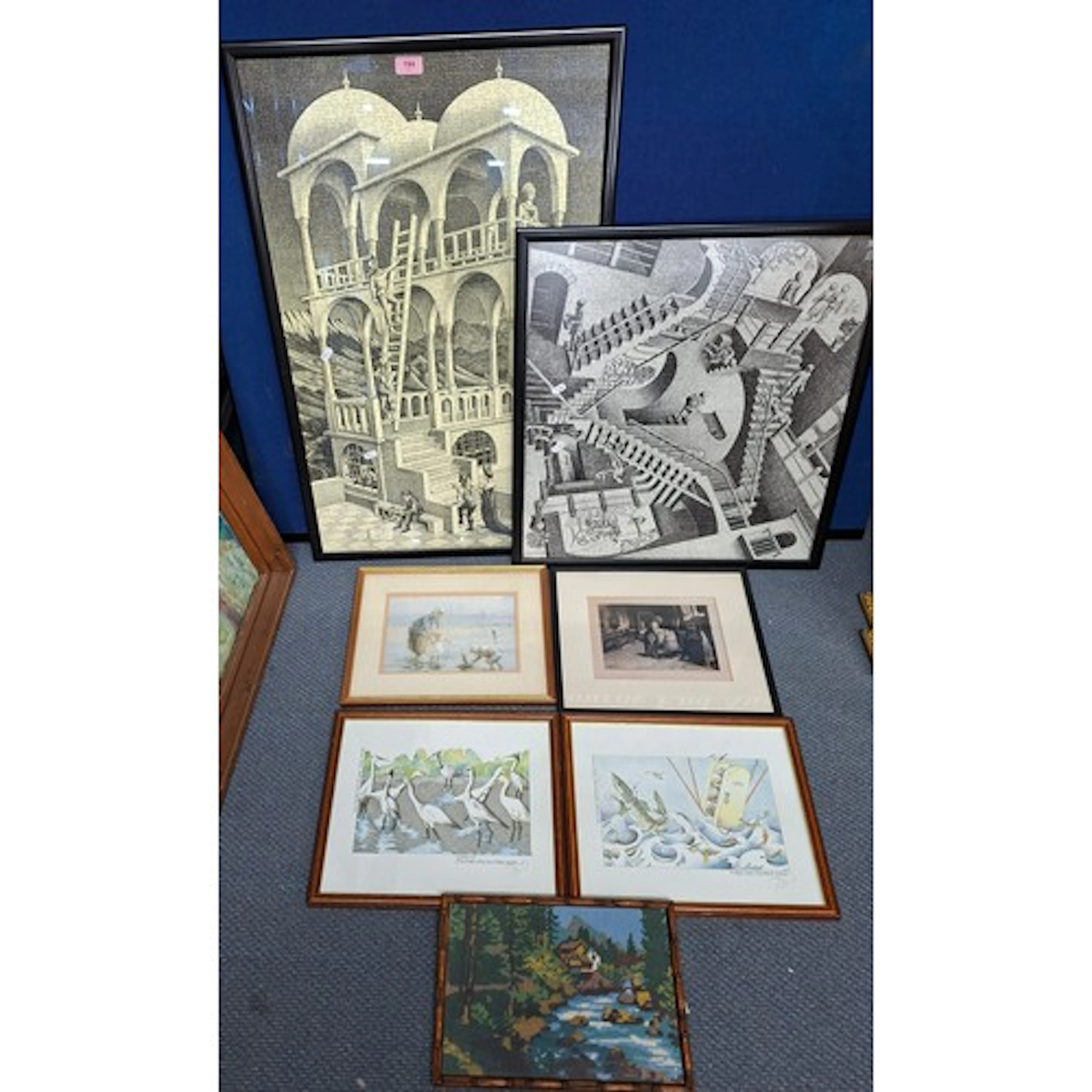 A group of pictures to include 2 framed Escher print jigsaw ...