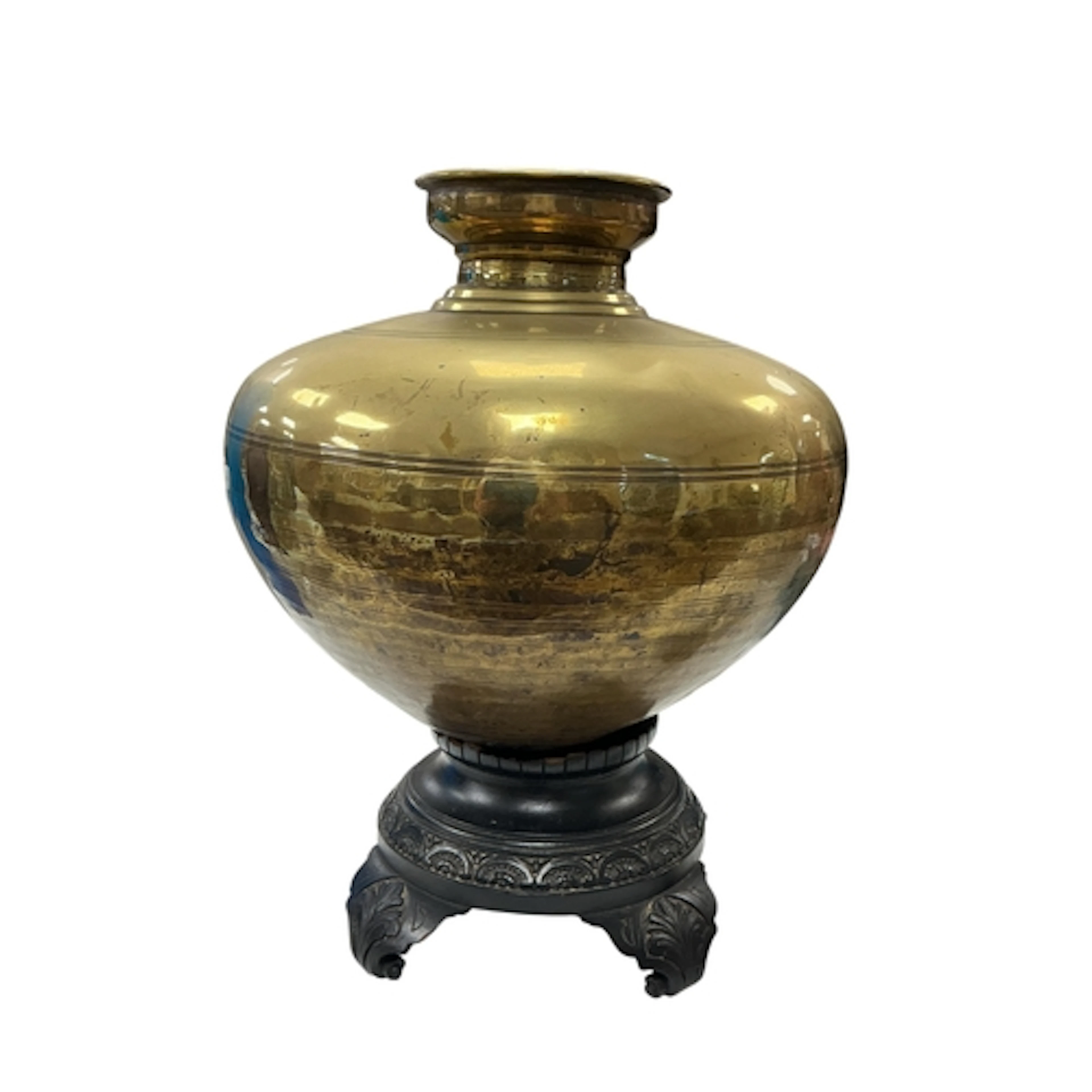 A Chinese brass vessel on hardwood stand, width 35cm, total ...