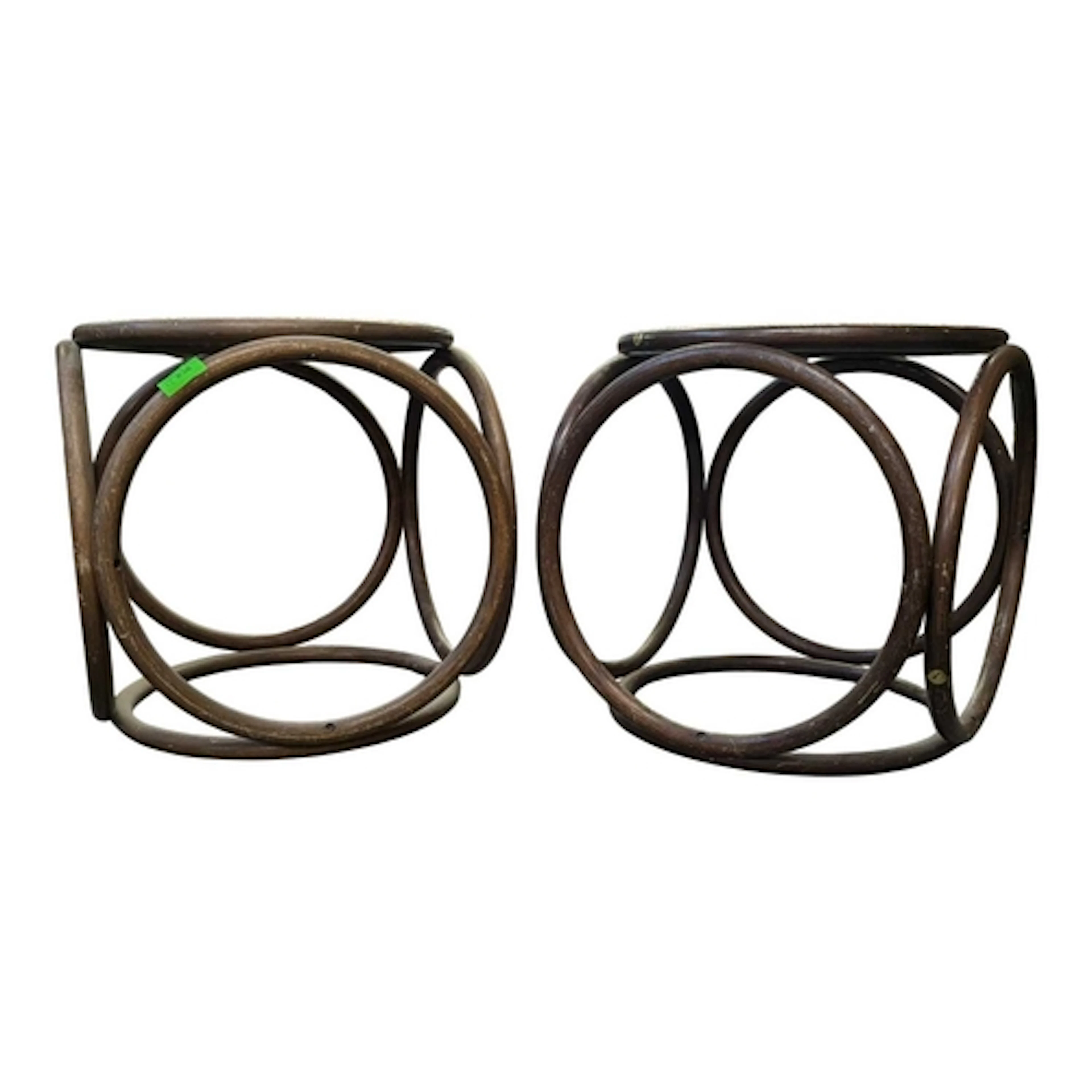 Pair of mid century bentwood rattan stools. Circular Benwood...