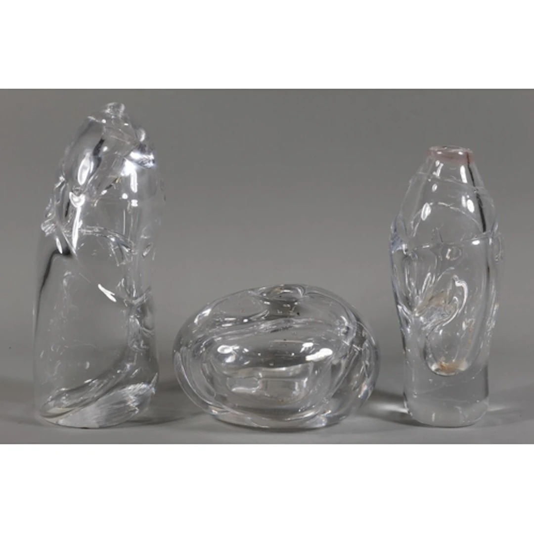 Three art glass clear sculpture vases. (3)