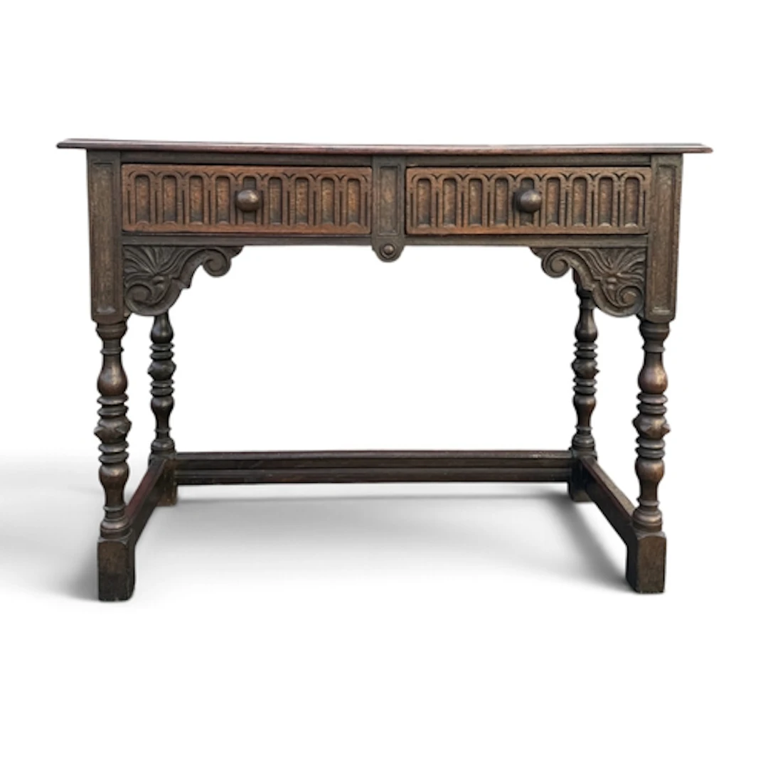 A JACOBEAN STYLE OAK SIDE TABLE WITH TWO DRAWERS 106cm x 48c...
