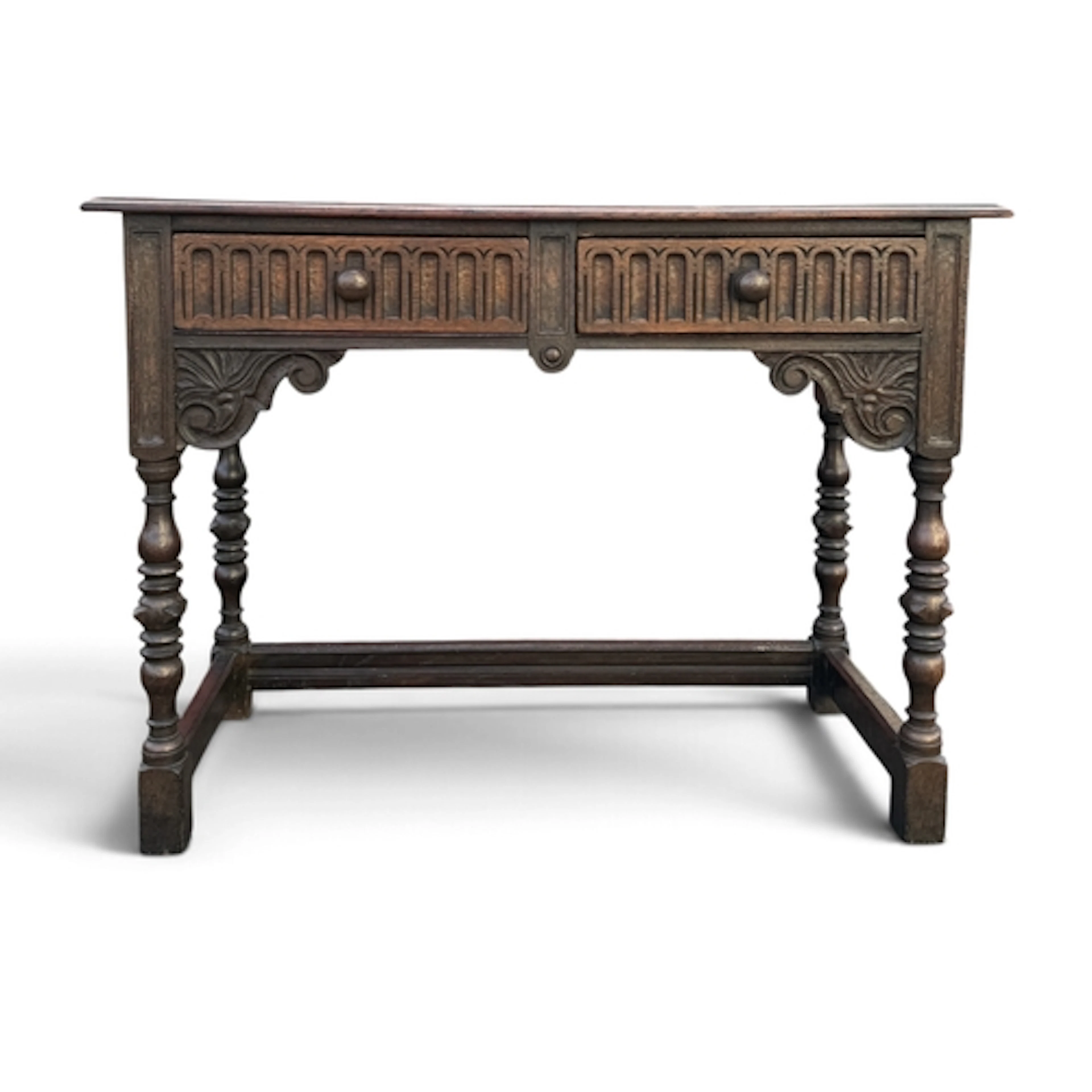 A JACOBEAN STYLE OAK SIDE TABLE WITH TWO DRAWERS 106cm x 48c...
