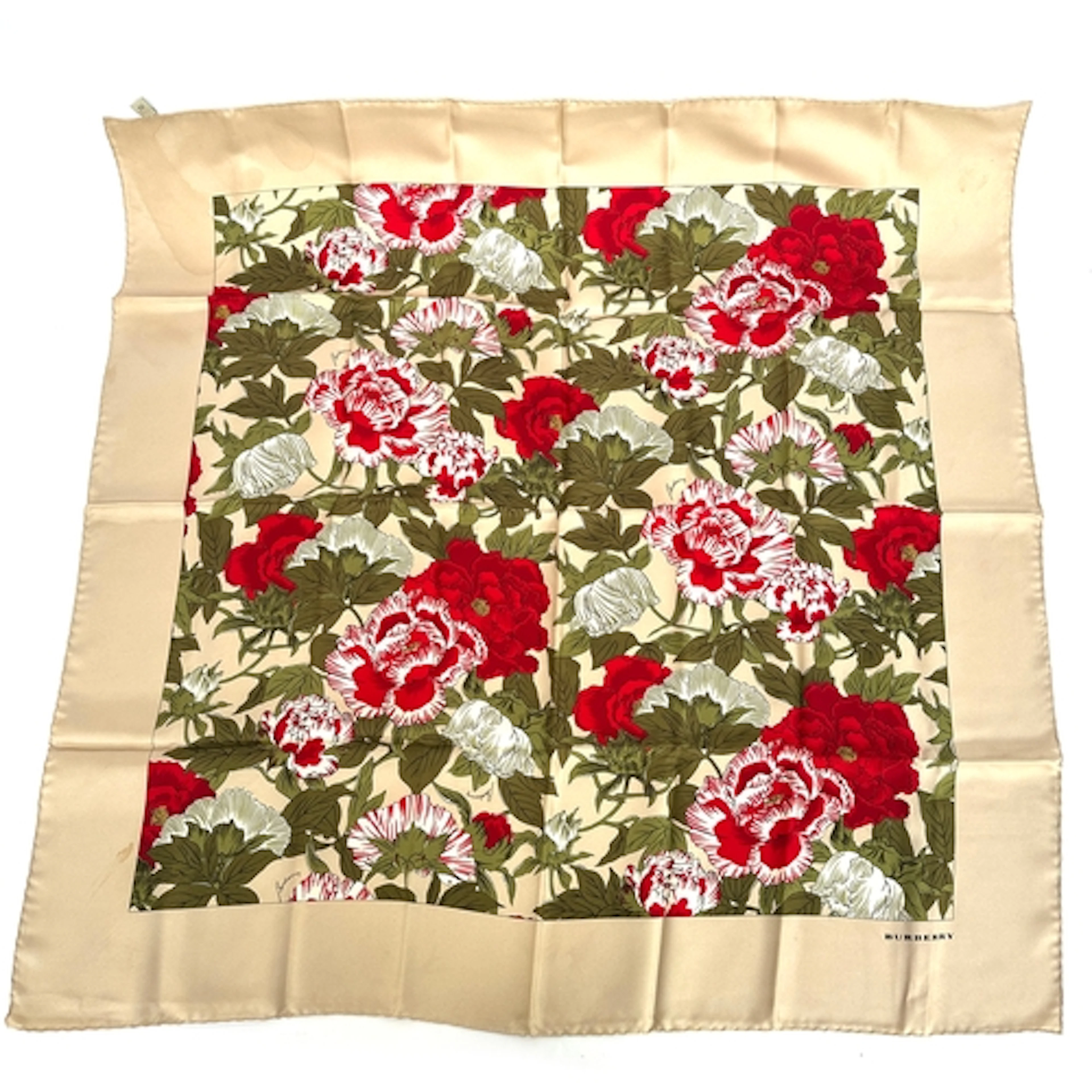 A Burberry silk scarf in a red and white floral pattern, 90x...
