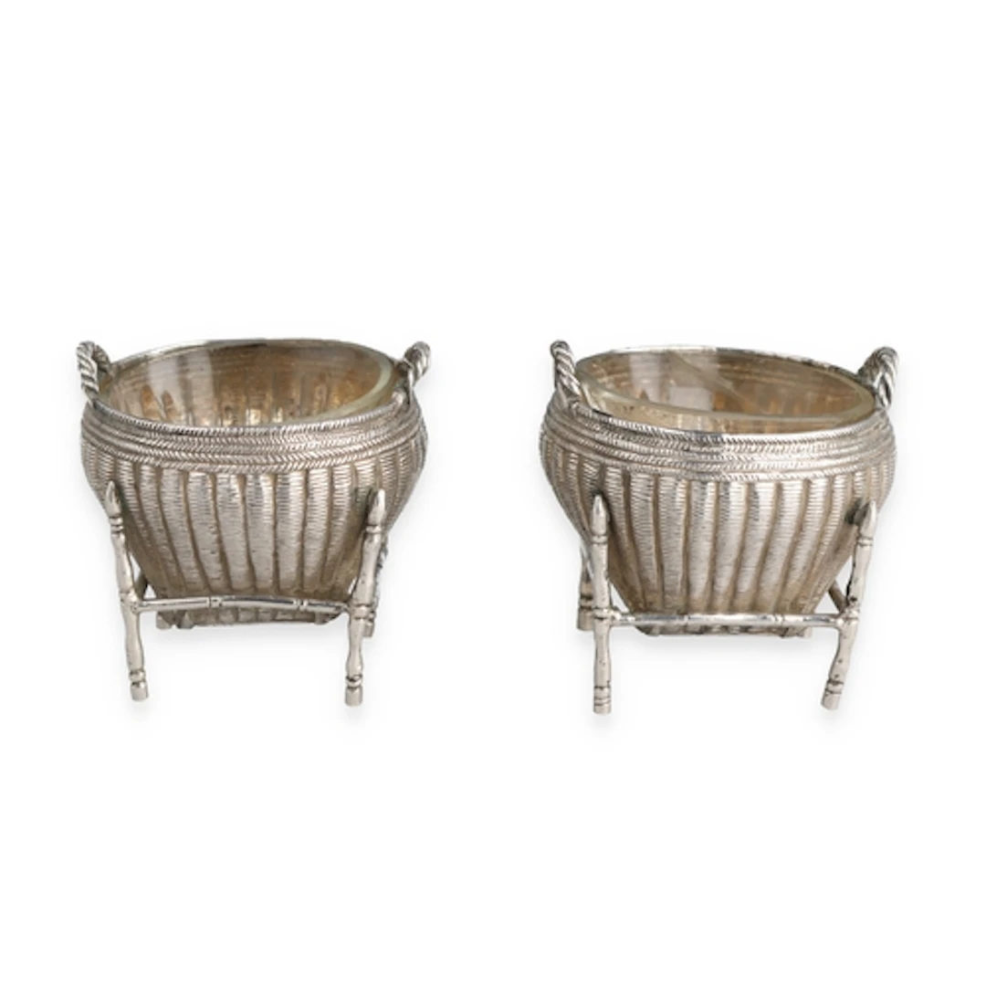 A PAIR OF ANTIQUE CHINESE SILVER SALTS In original wooden ca...