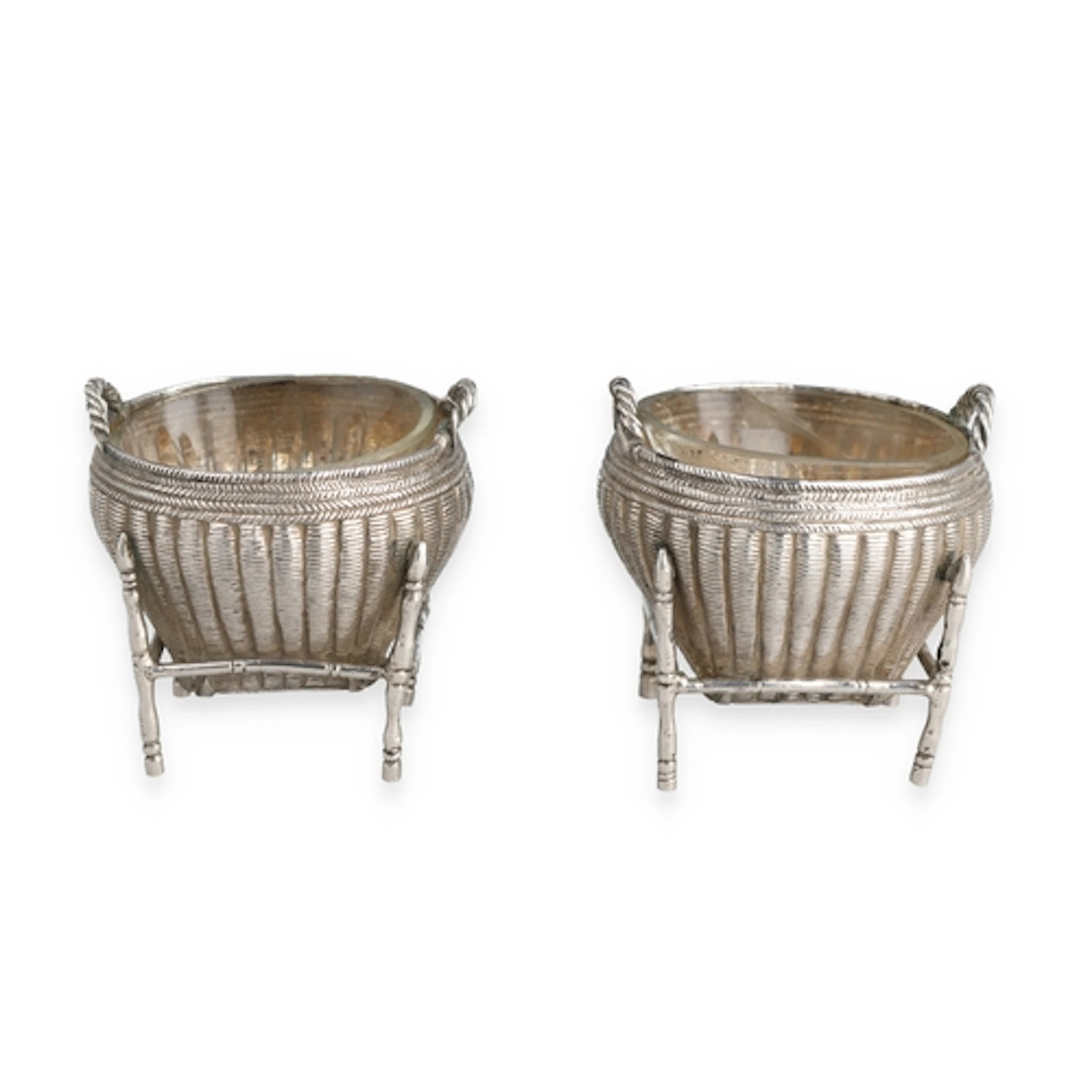 A PAIR OF ANTIQUE CHINESE SILVER SALTS In original wooden ca...