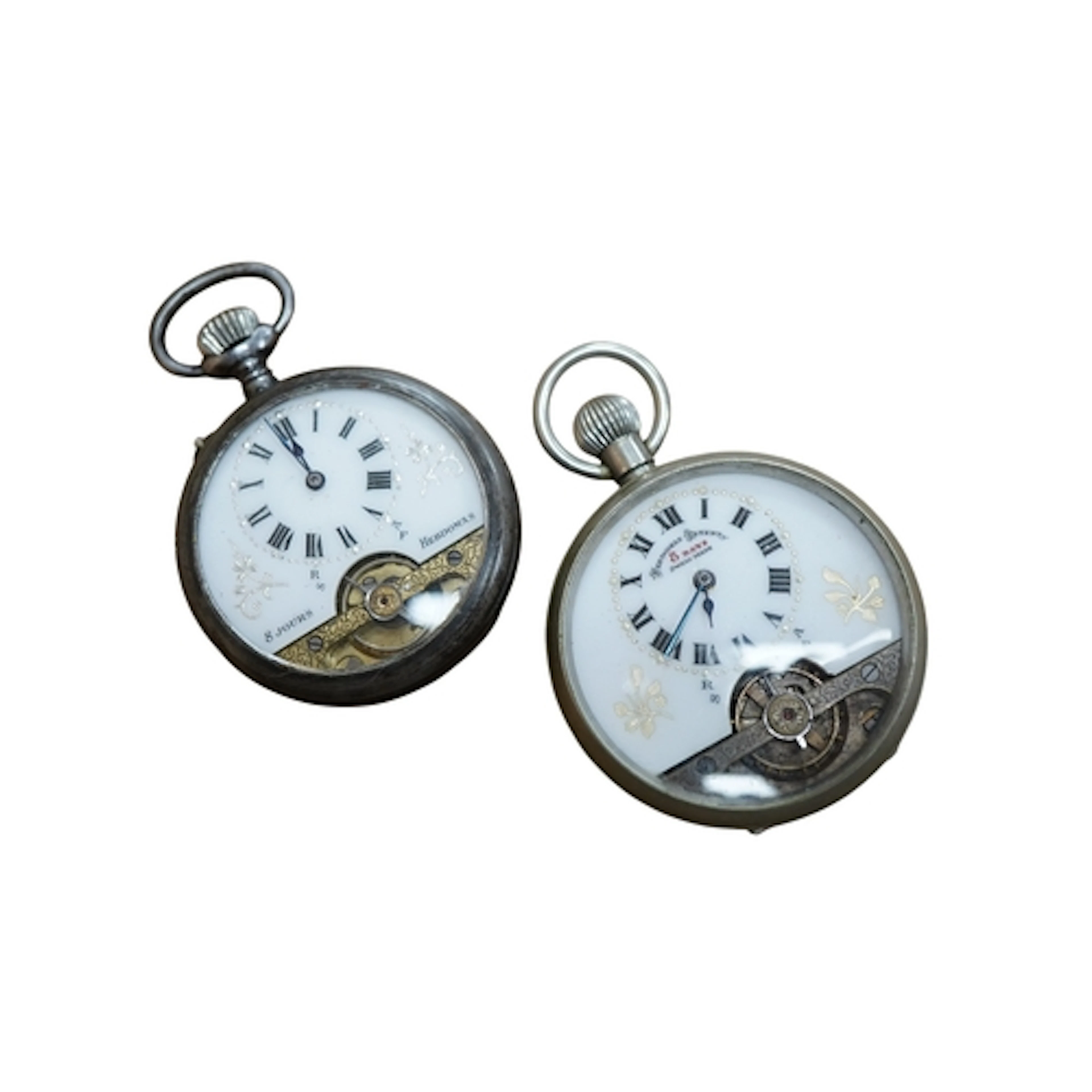 Two base metal Hebdomas keyless pocket watches, both with Ro...