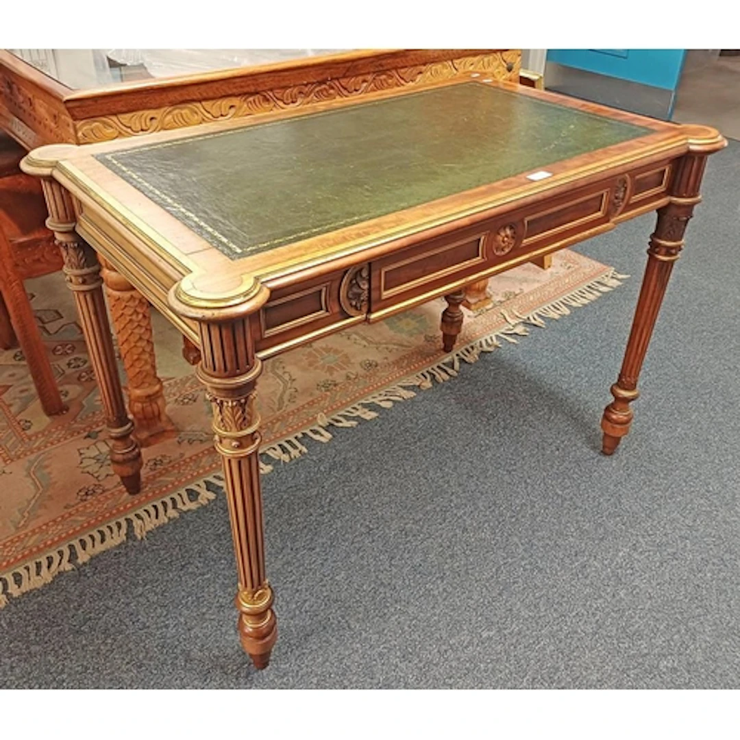 19TH CENTURY STYLE INLAID GILT & MAHOGANY WRITING TABLE WITH...