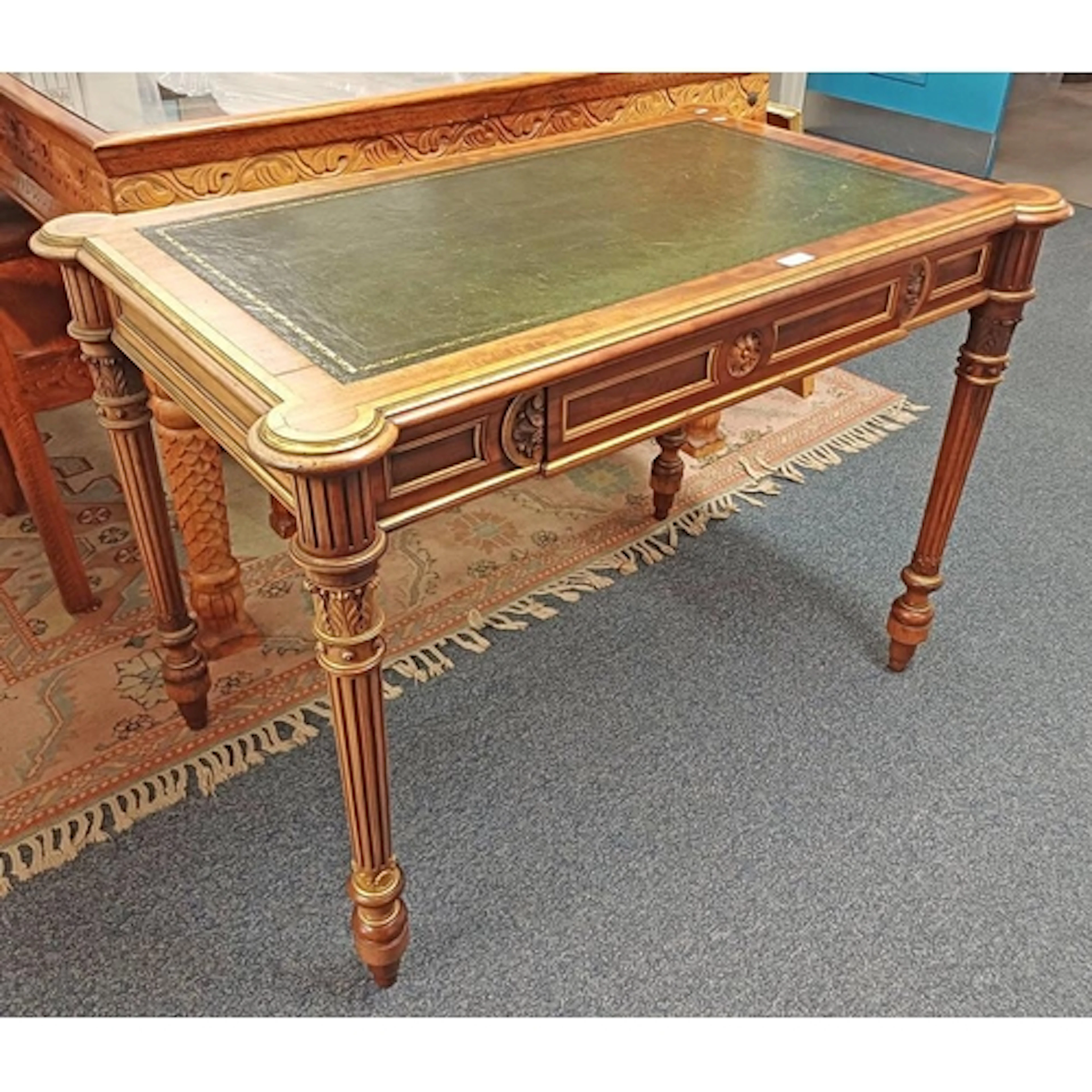 19TH CENTURY STYLE INLAID GILT & MAHOGANY WRITING TABLE WITH...