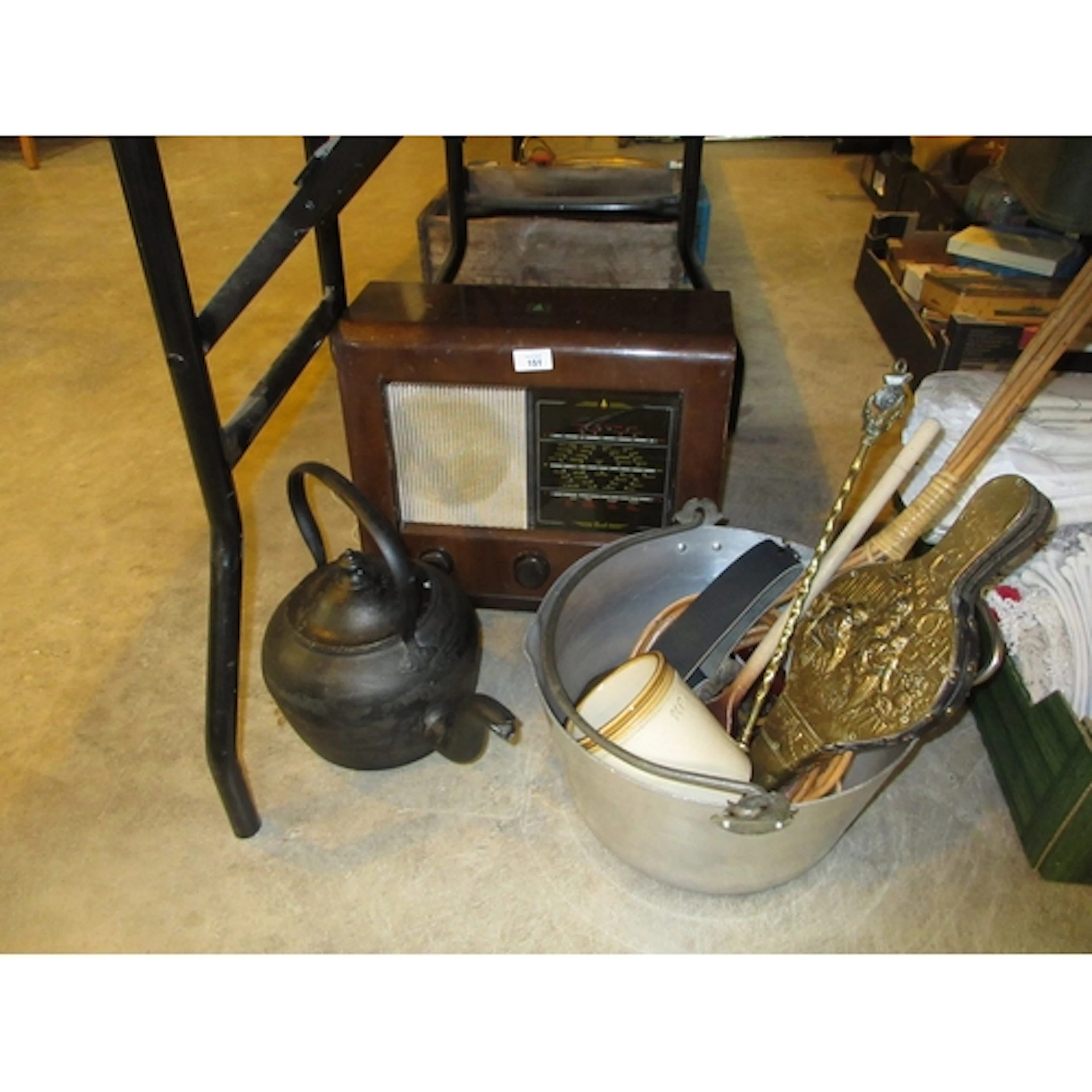 Vintage Radio, Cast Iron Kettle, Jam Pan, Bellows, Carpet Be...
