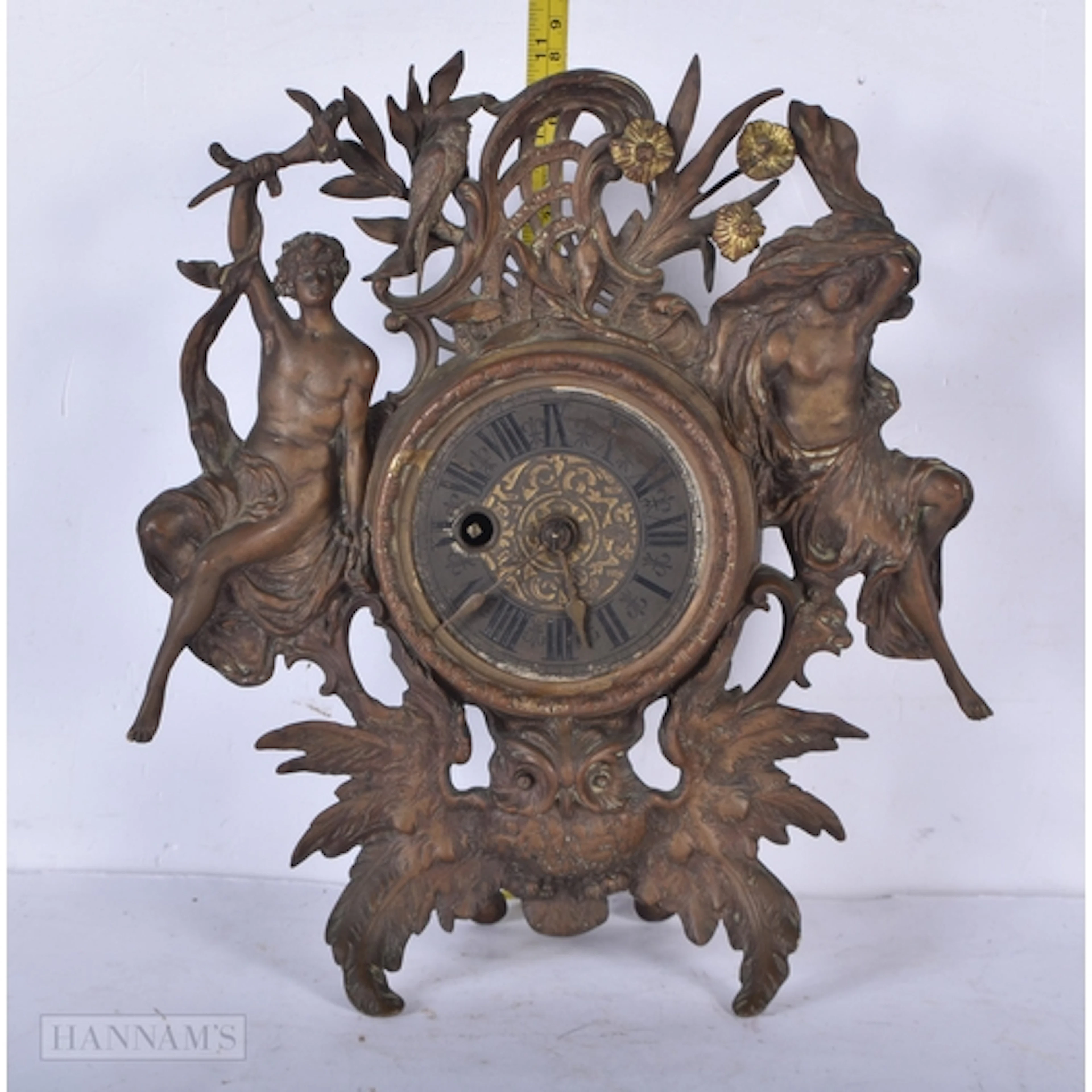 An Art Nouveau brass figural mantle clock 28 x 25cm