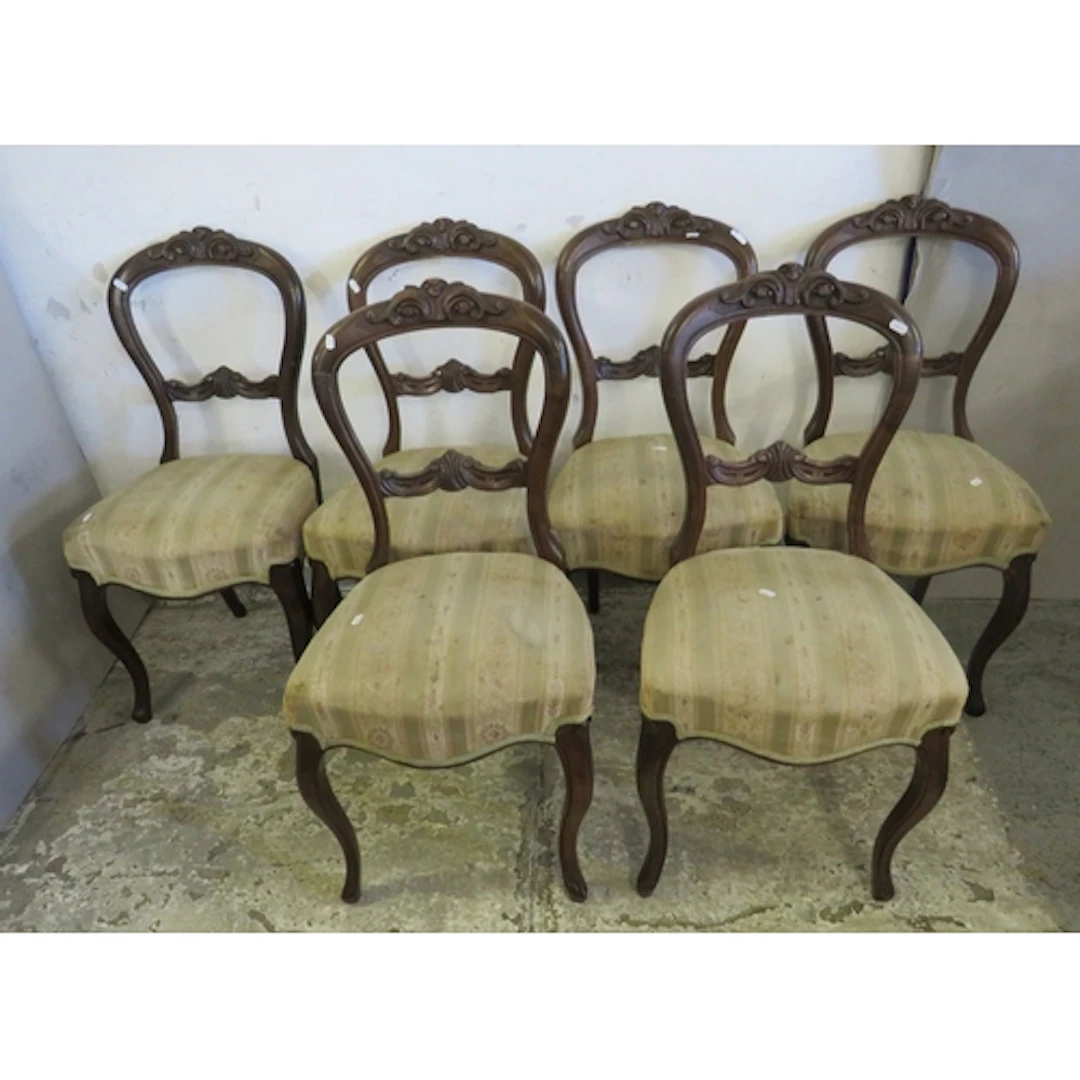 Set of Antique Mahogany Balloon Backed Dining Chairs, uphols...